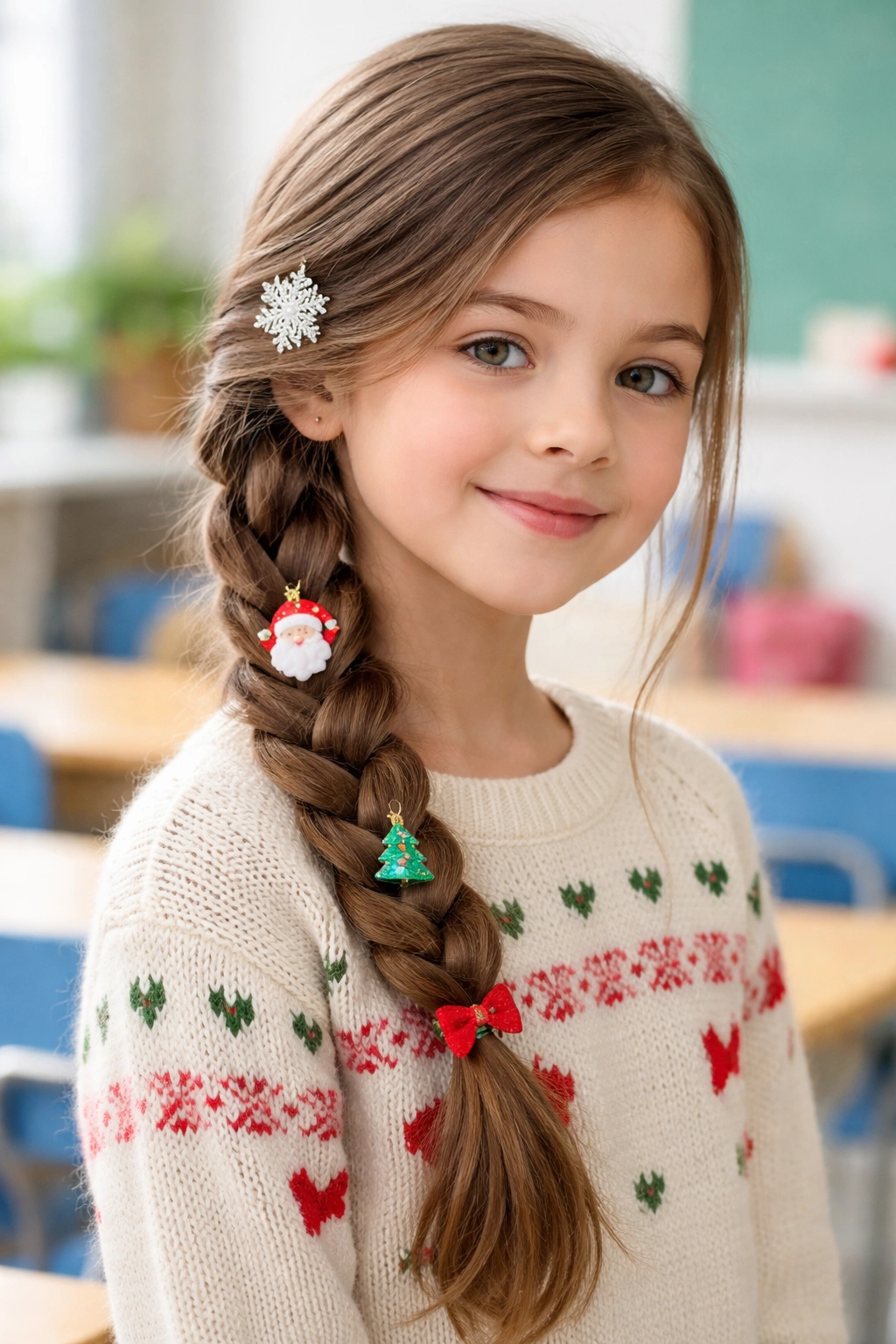 Side braid with festive clips along the hair
