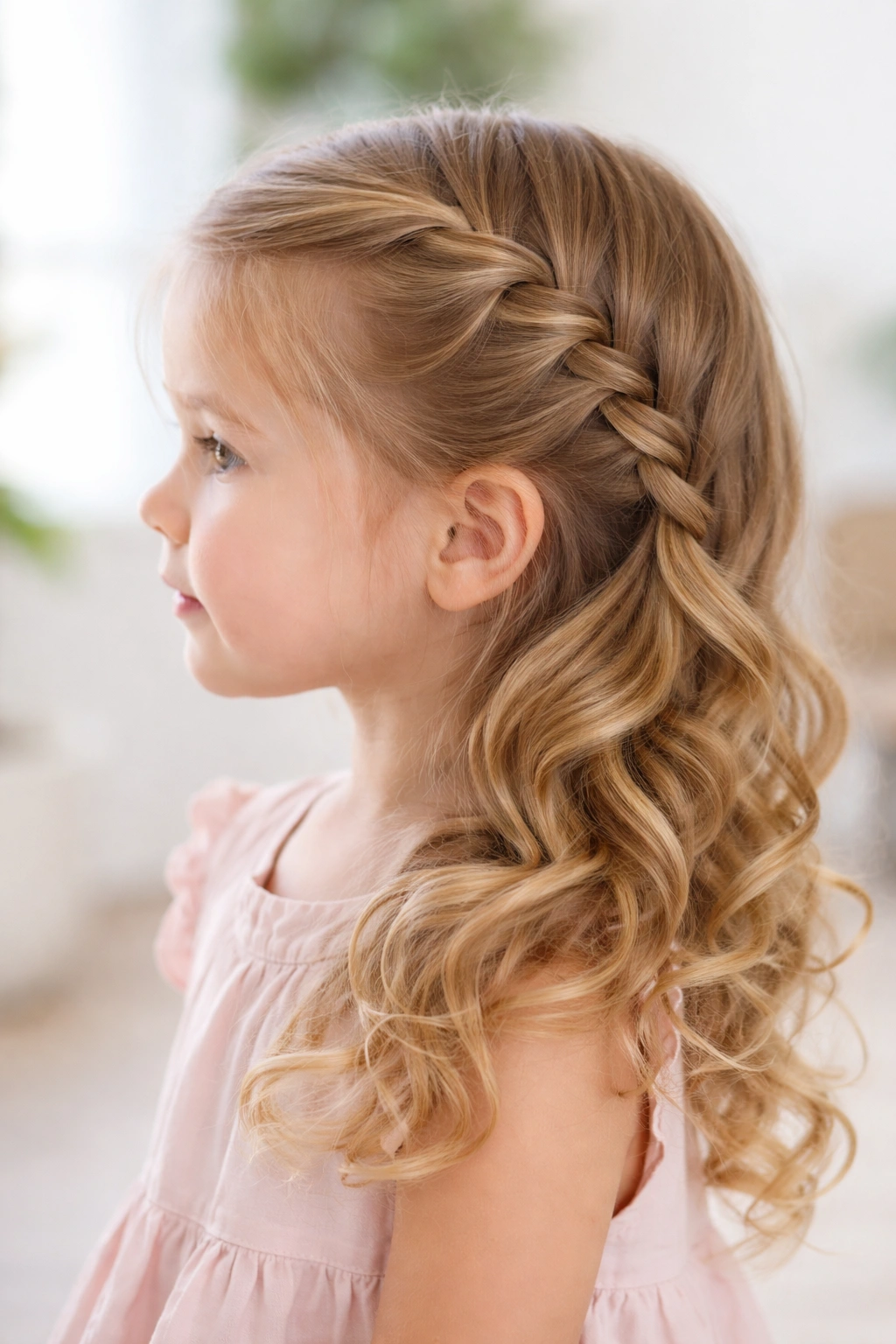 Profile view of toddler with a side braid and curls
