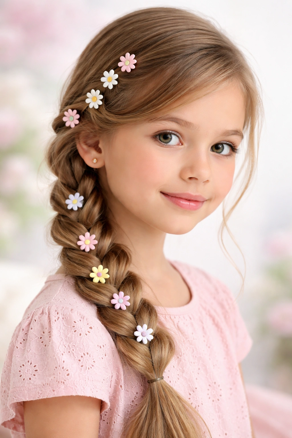 Close-up of a side braid with small floral clips in a spring hairstyle