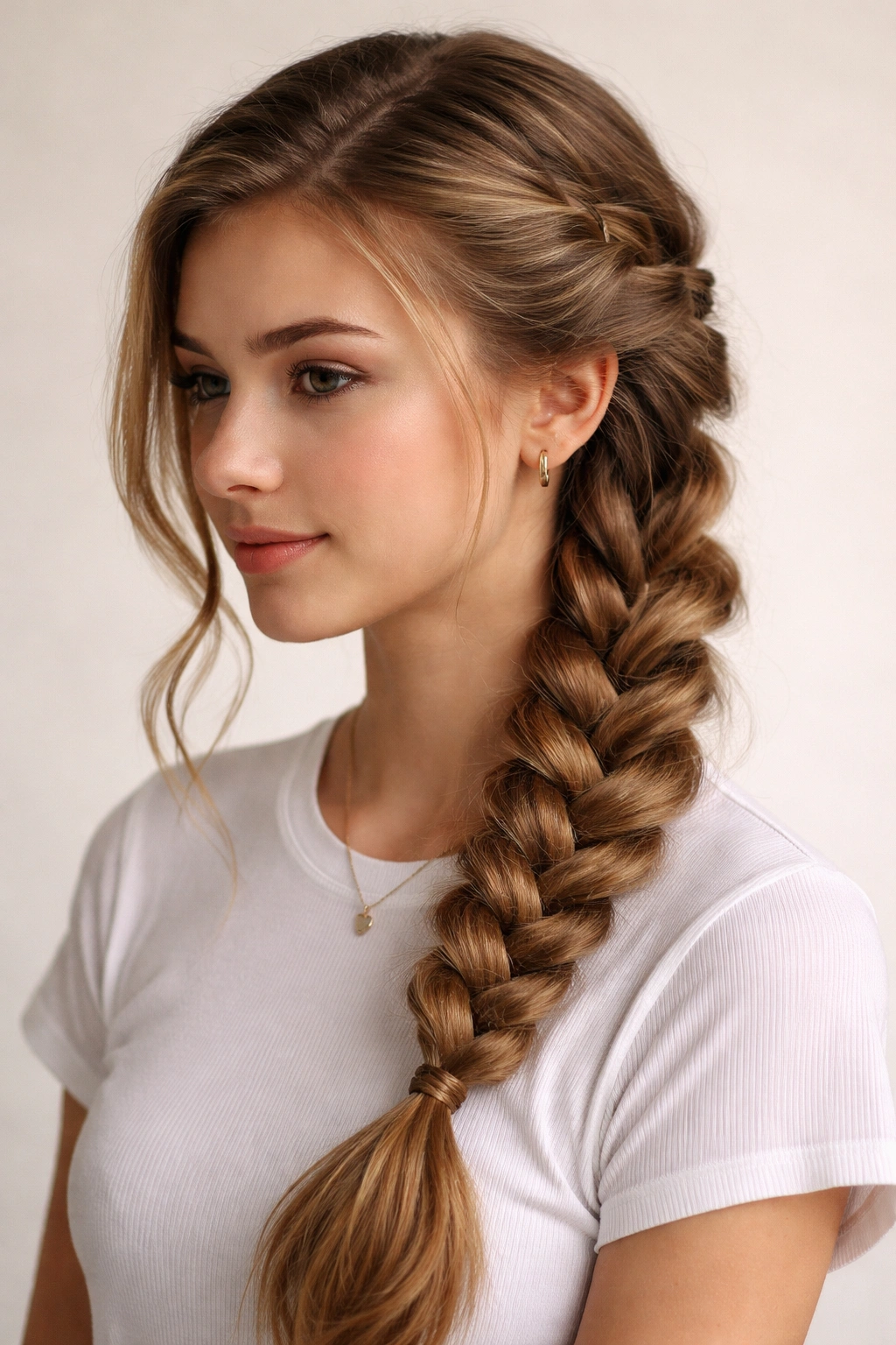 Side view of a head with a deep side-part French braid pancaked for volume.
