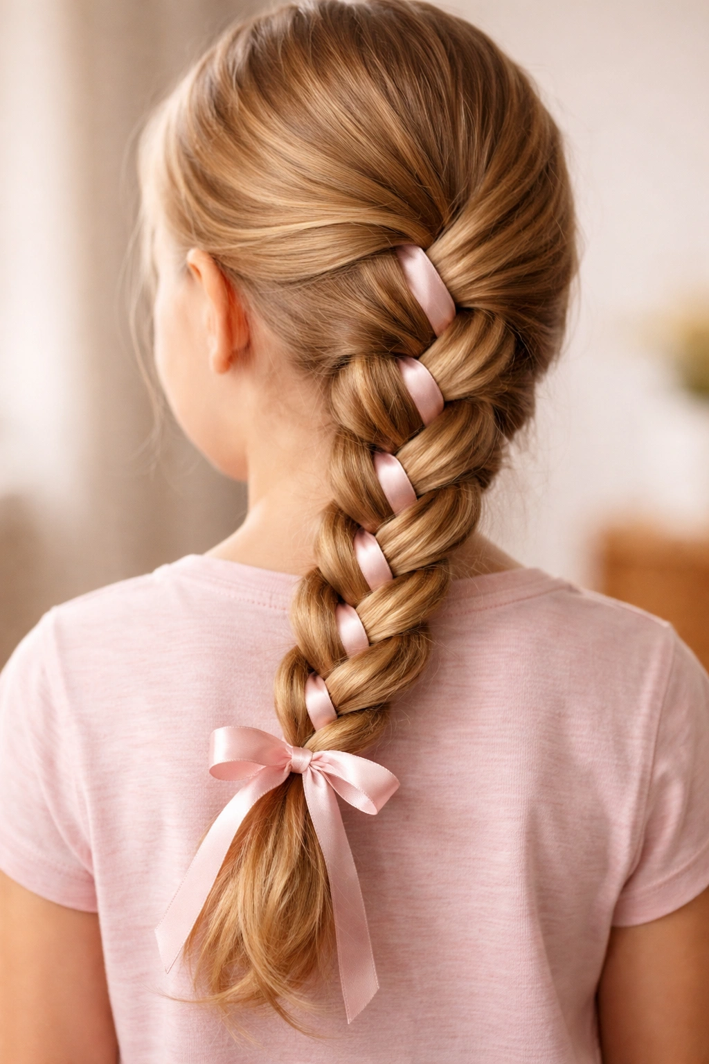 Close-up of a side braid on a child's hair with soft lighting