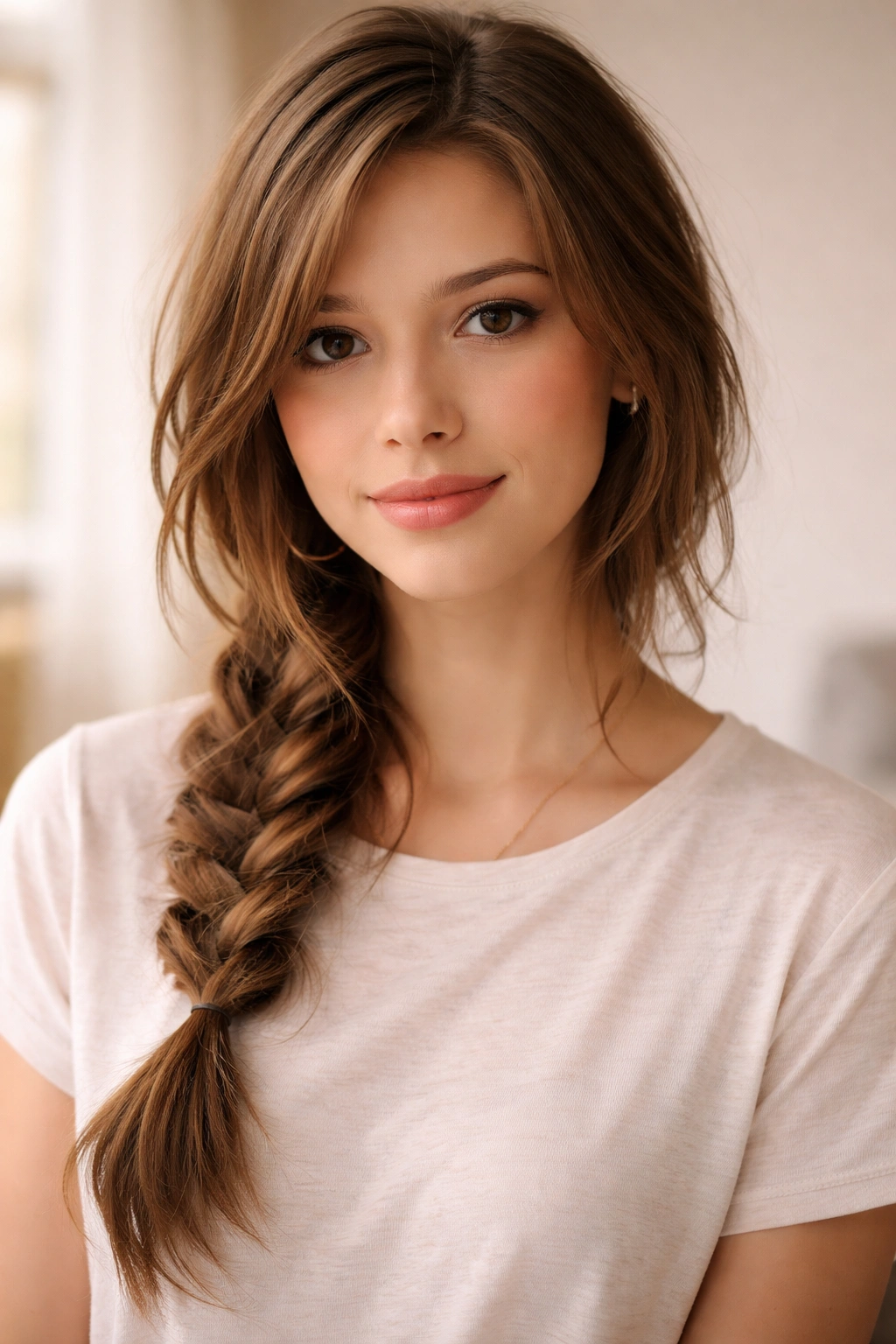 Close-up of a side braid on layered hair over the shoulder