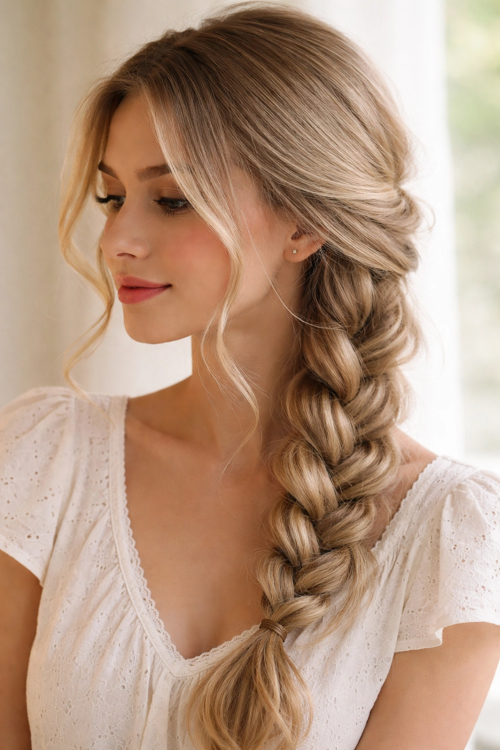 Side view of a loose three-strand braid over the shoulder