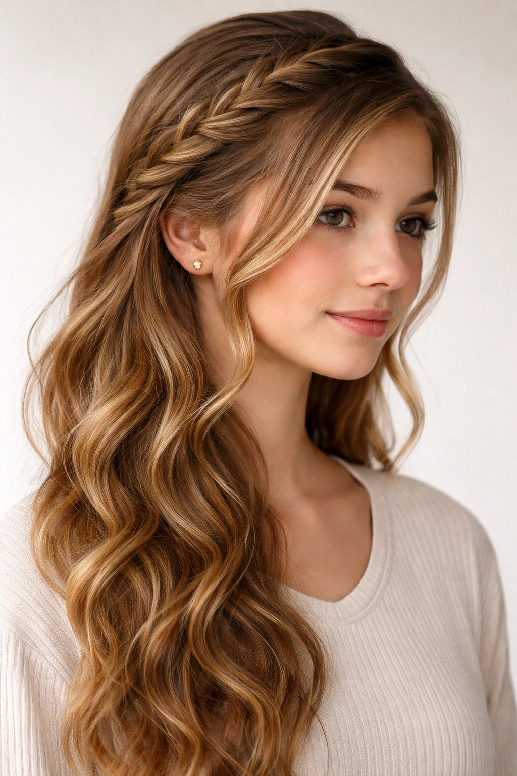 Girl with side braid and loose waves for school look