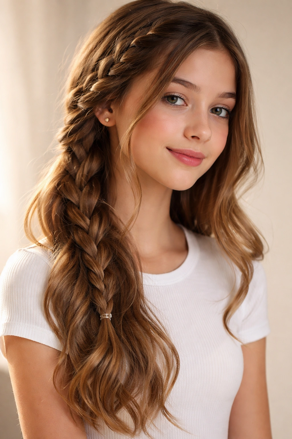 Side view of a girl with a loose weave braid and flowing waves