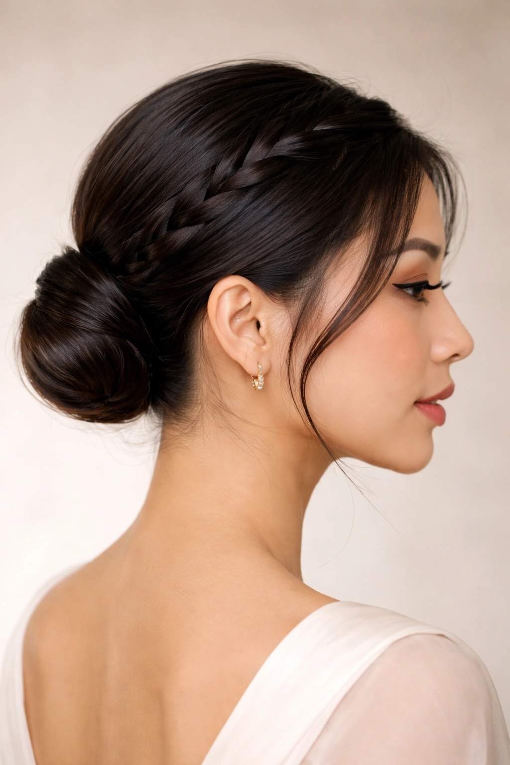 15 Asian Hairstyles Women Can T Stop Pinning 7 Profile view of a sleek side braid that transitions into a low bun at the nape with glossy hair