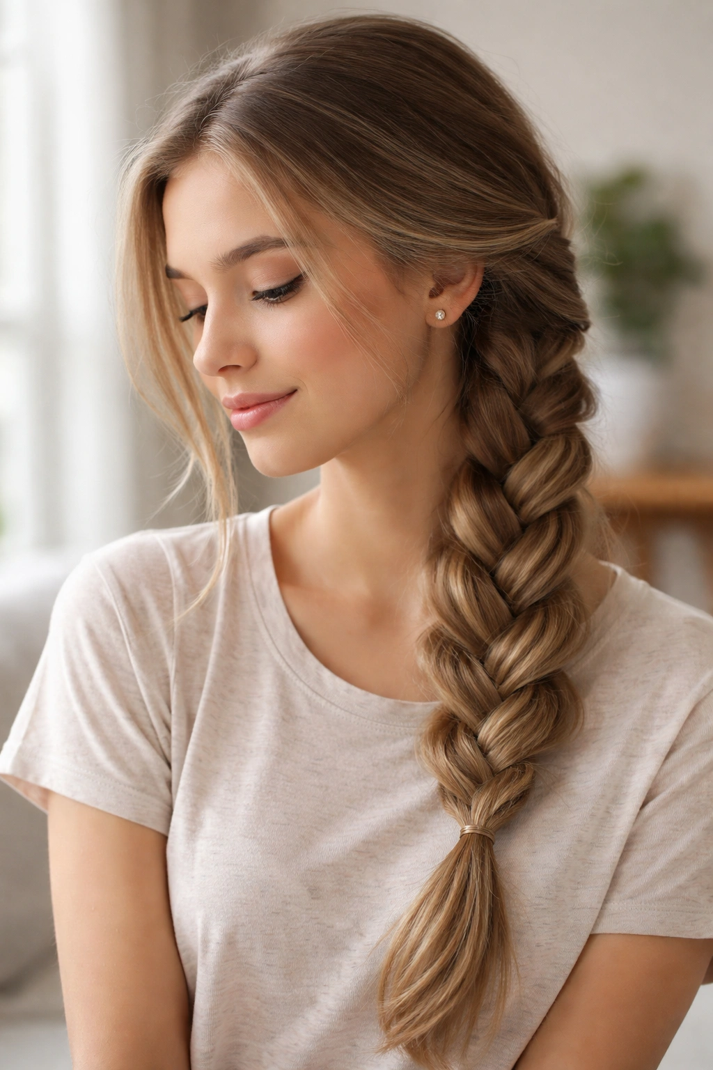Simple Side Braid over the shoulder with relaxed pancake loosened for volume.