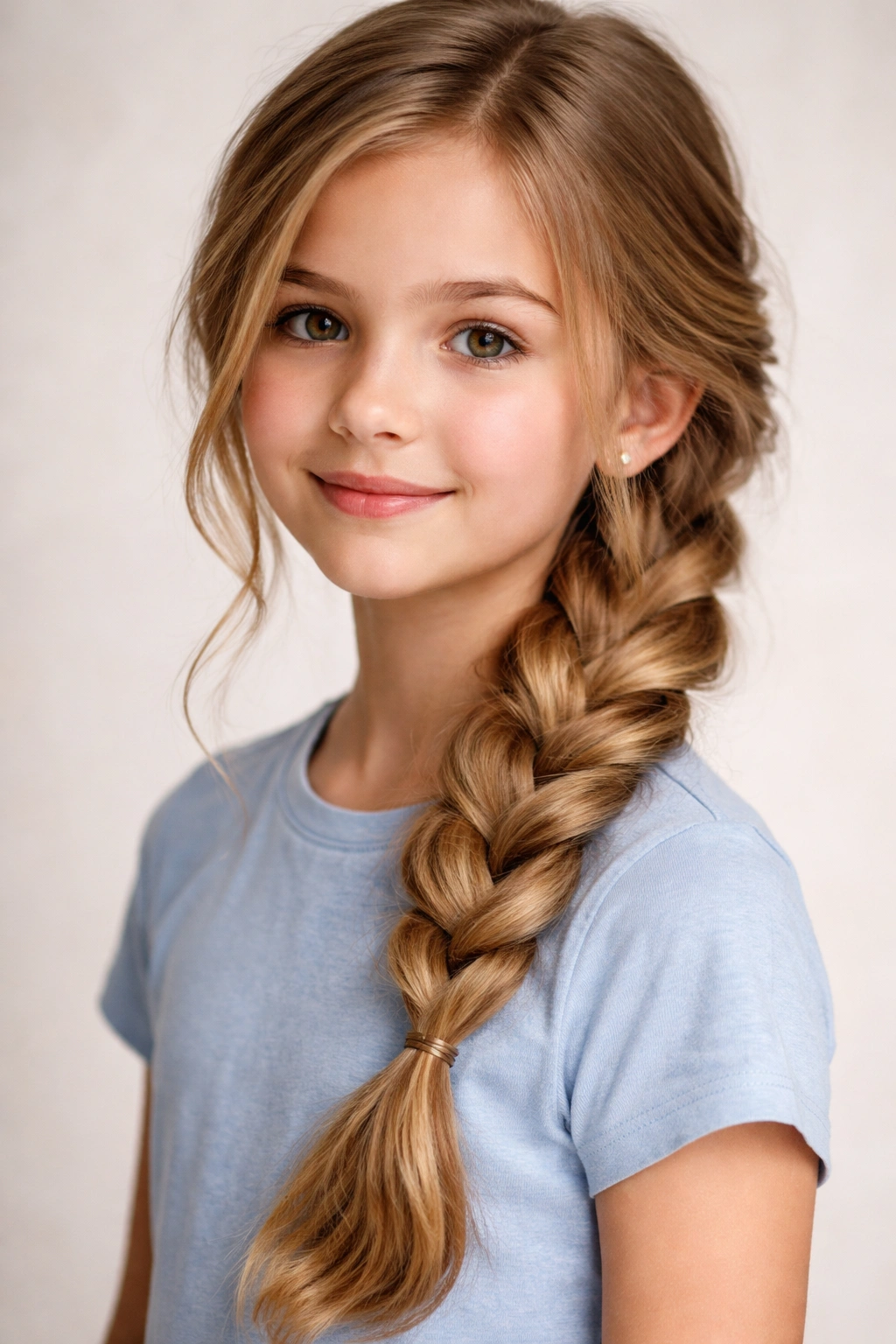 Loose side braid over the shoulder with pancake texture
