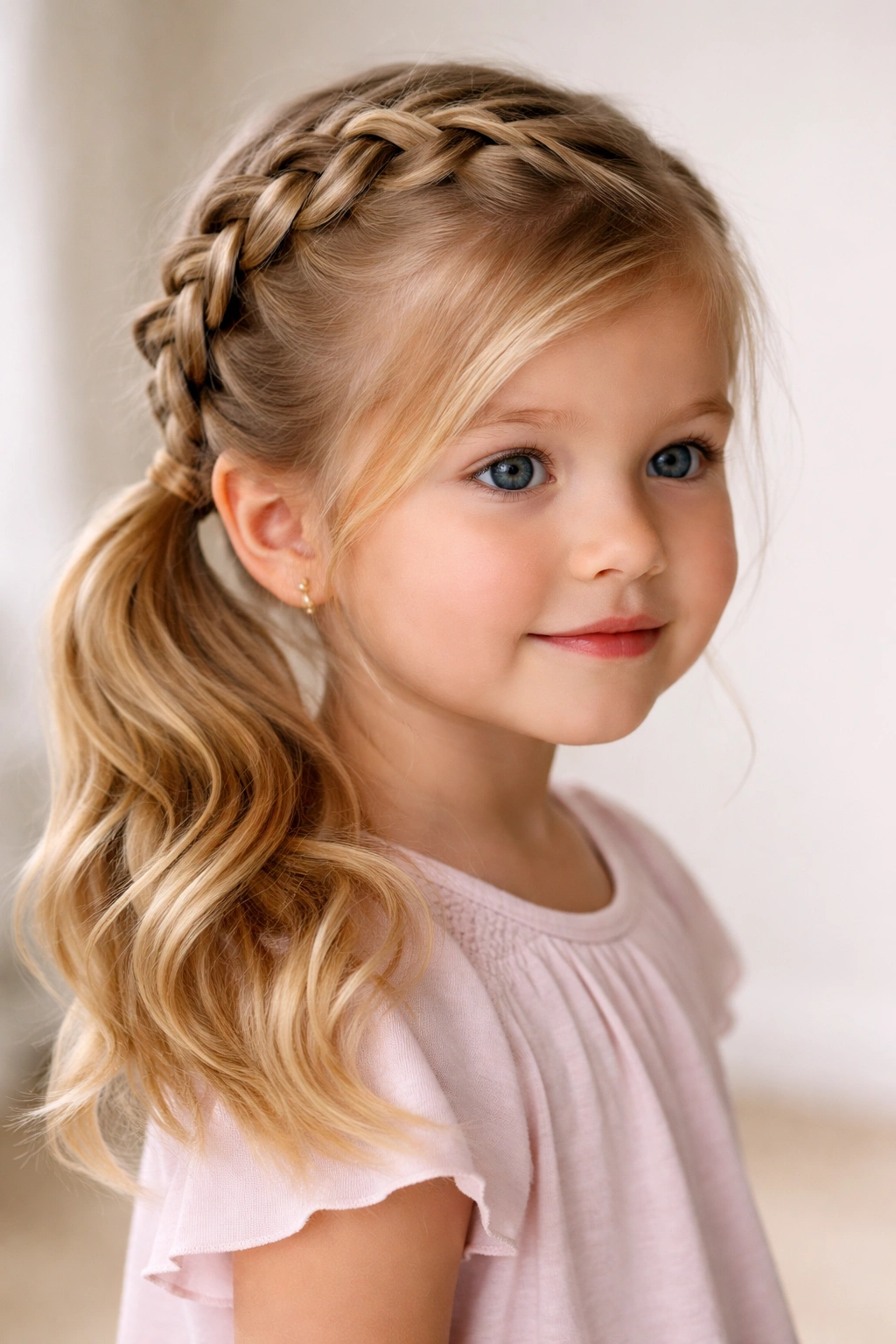 Close-up of a Dutch braid feeding into a side ponytail.