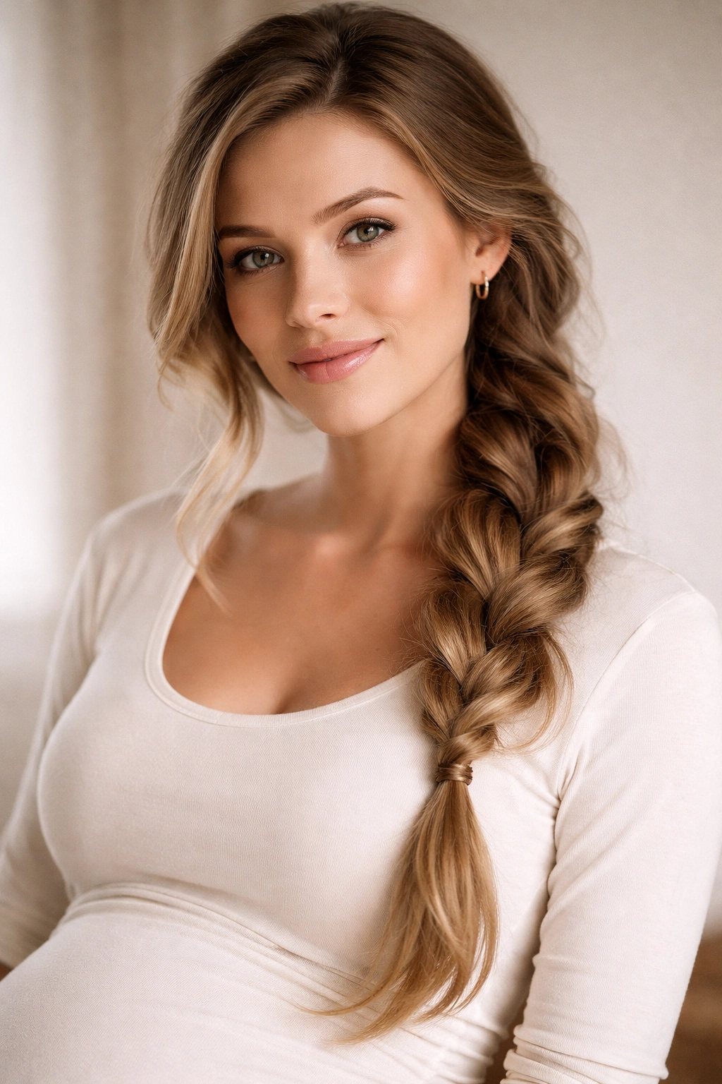 10 Easy Hairstyles For Pregnant Women To Love 7 Close-up of a pregnant woman wearing a loose side braid in soft studio lighting