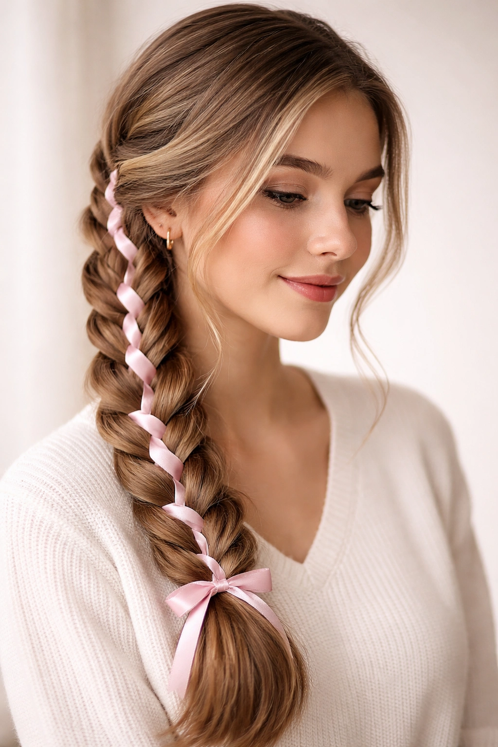 Close-up side braid with a thin ribbon woven through the hair over the shoulder.