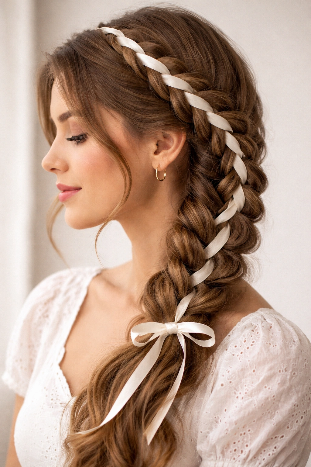 Side profile of a braid with ribbon woven through the top strand