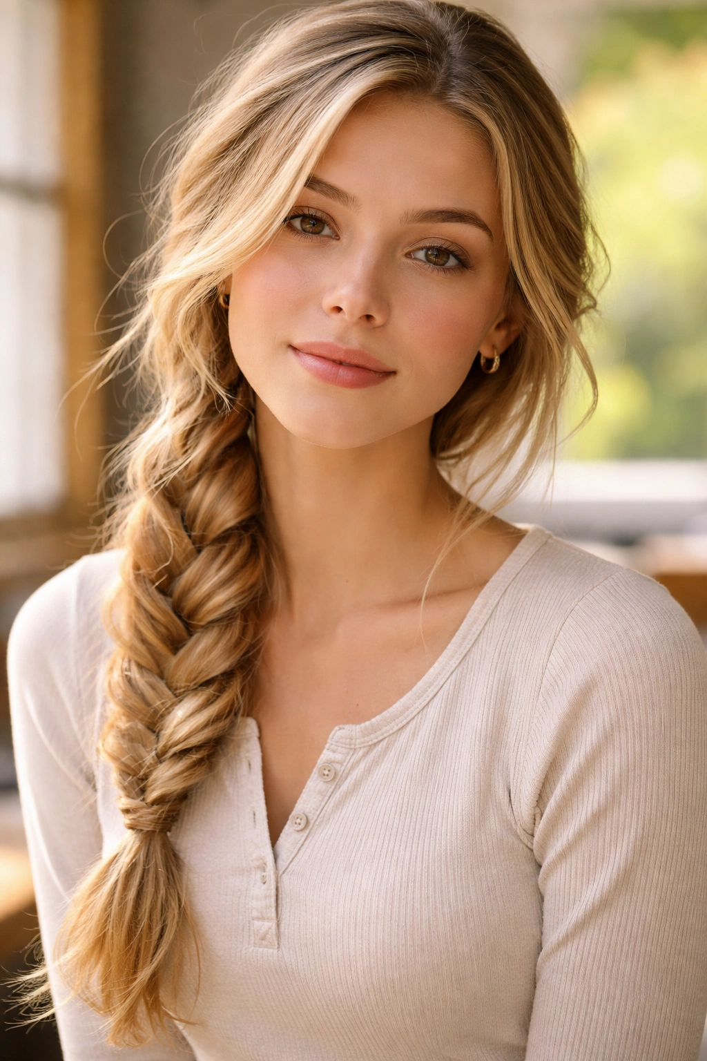 Side view of a long side braid over the shoulder with soft face framing.