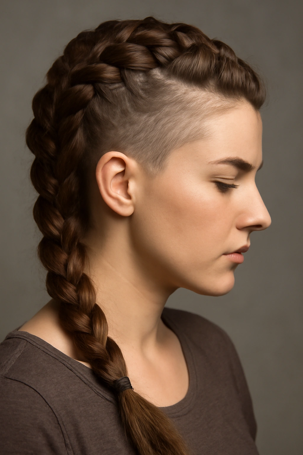 Dutch braid transitioning into twists with shaved side