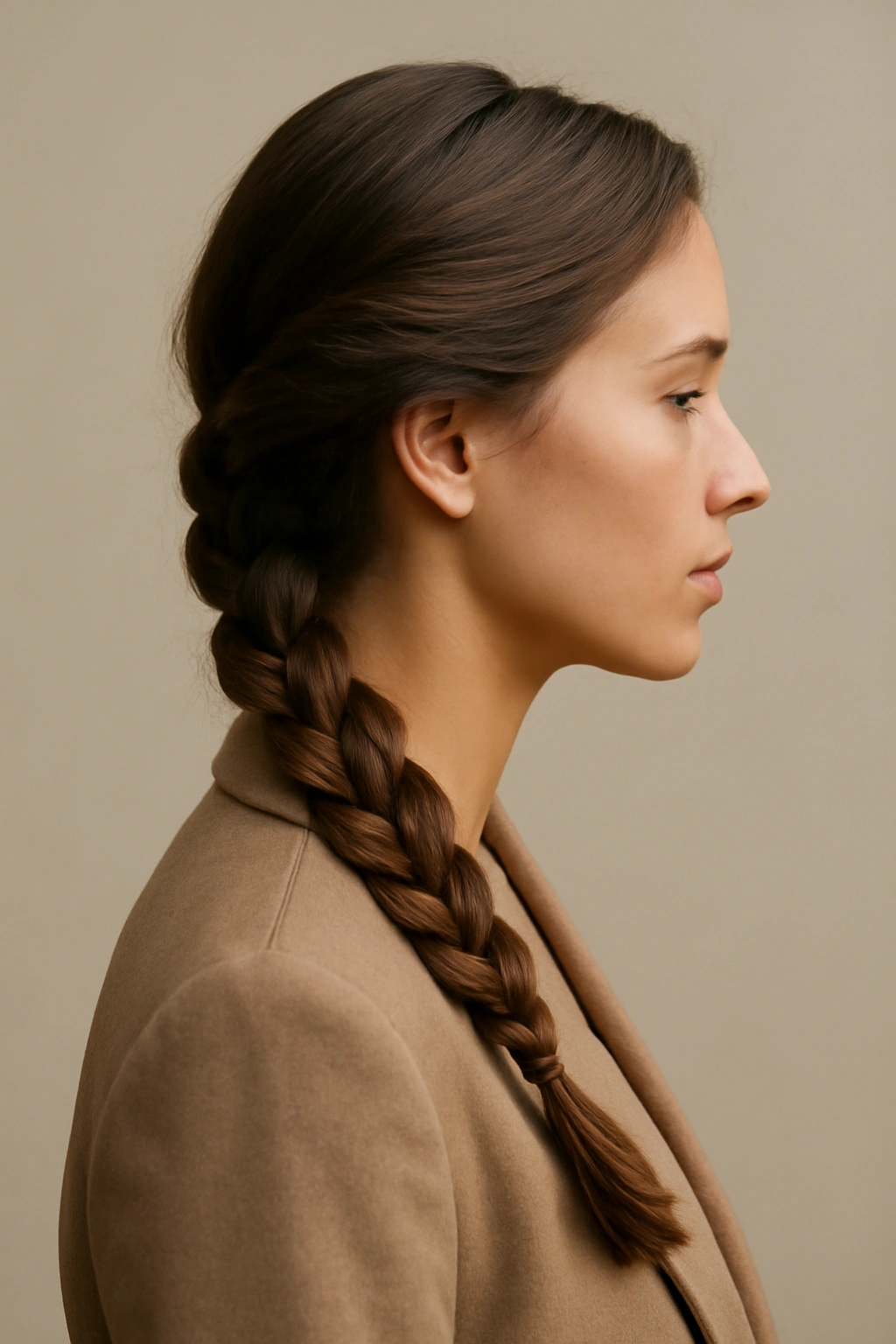 Side braid draping over shoulder in studio lighting