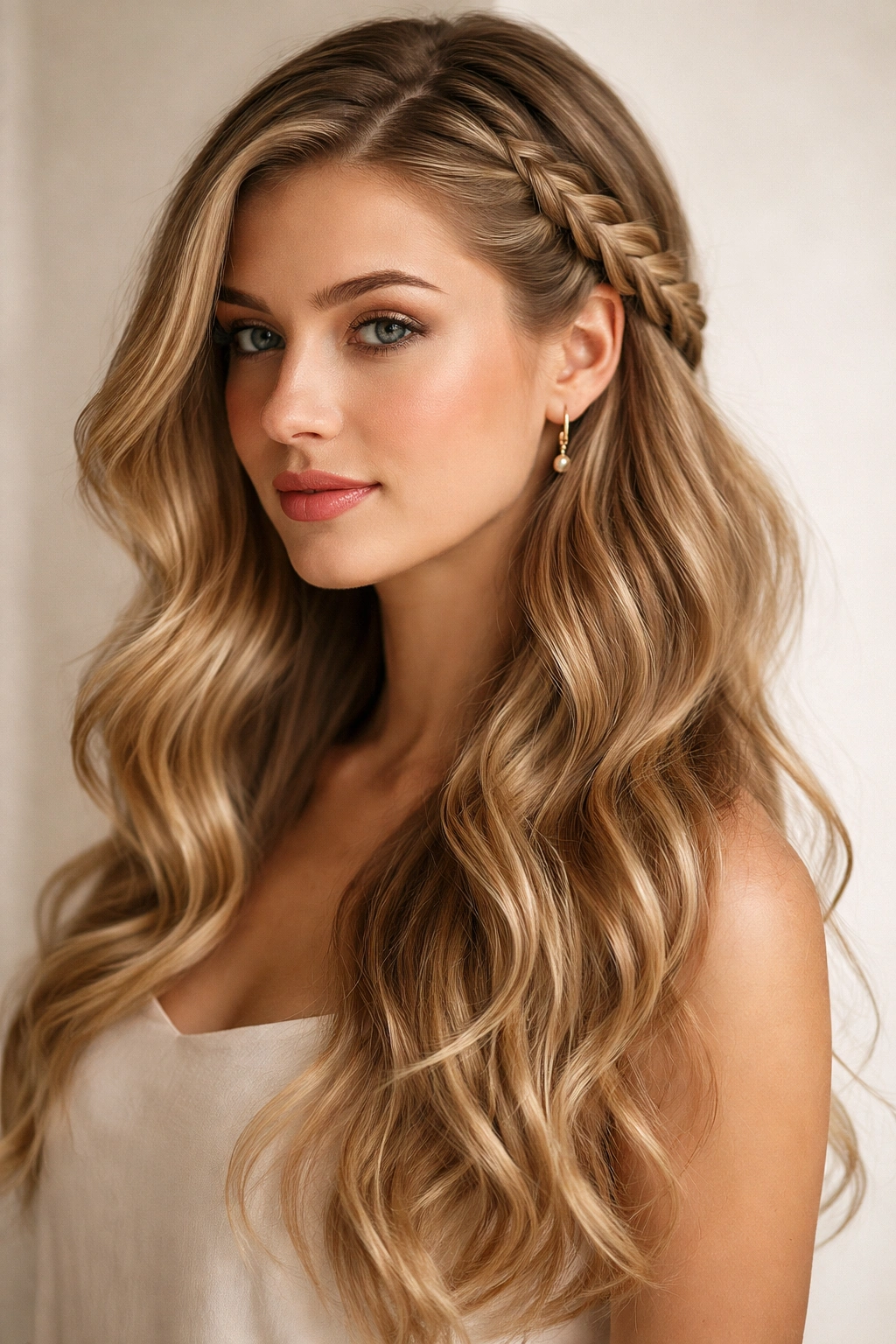 Profile view of a side braid with loose waves over the shoulder