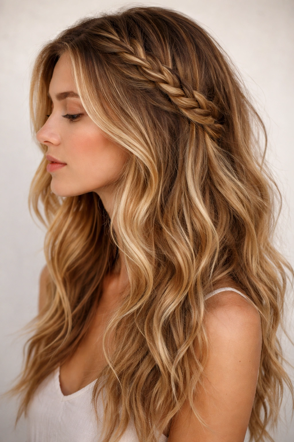 Profile view of side braid with loose beachy waves
