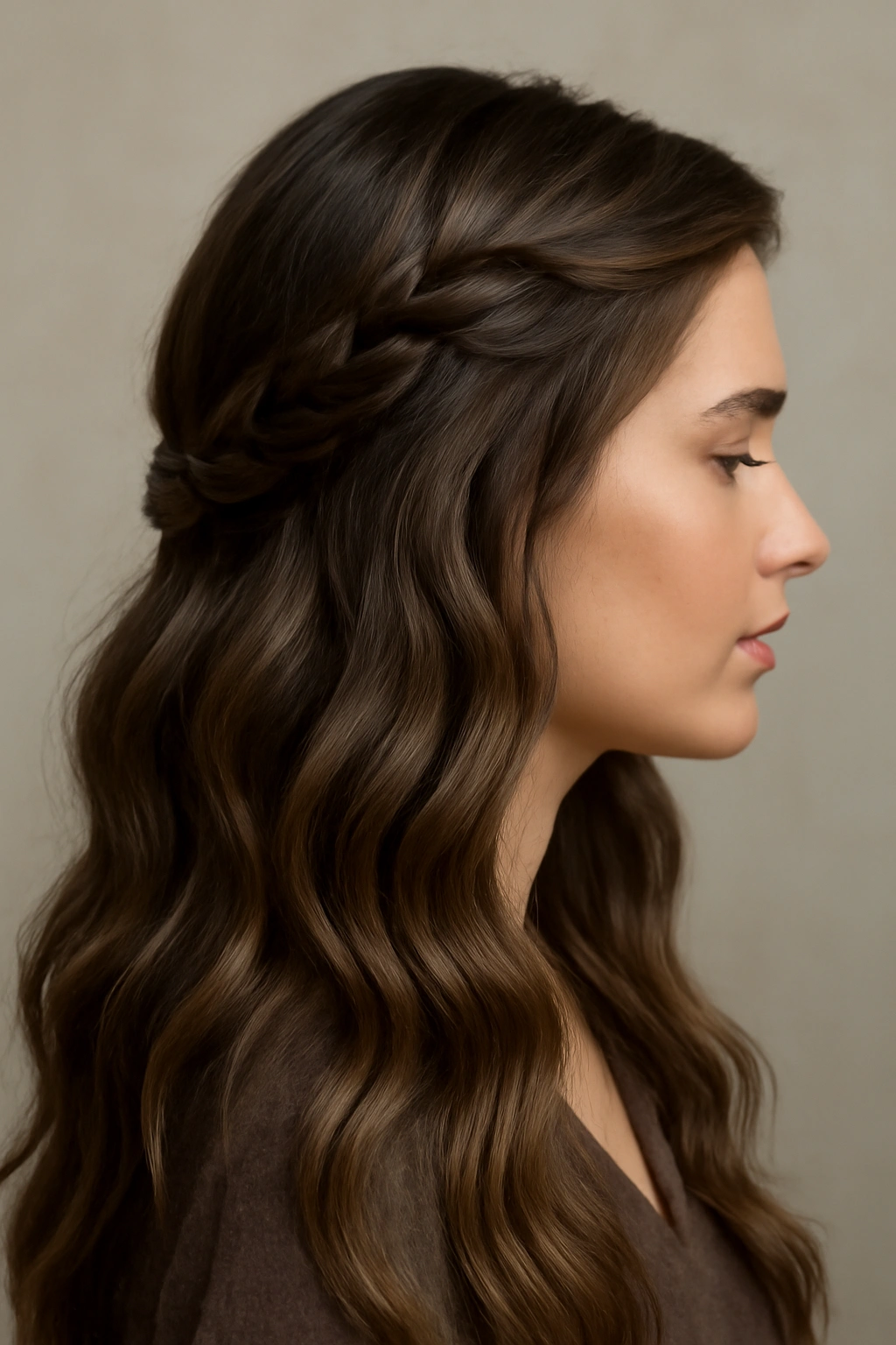 Side view of a textured three-strand braid with flowing waves