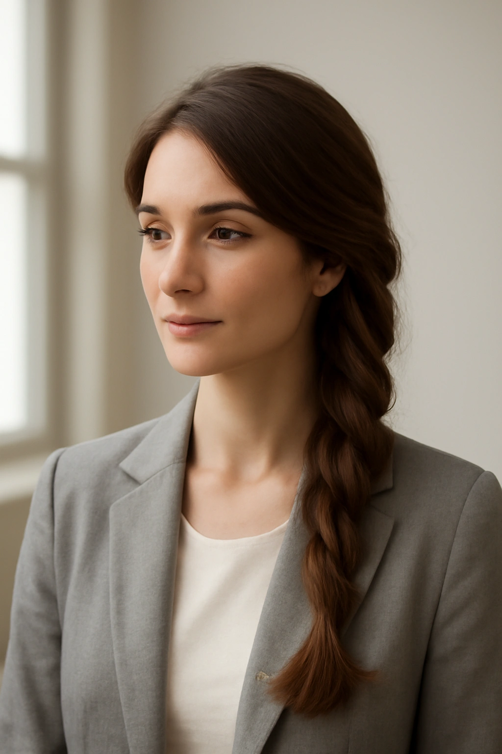 18 Braided Hairstyles for the Office and Weekends 13 Close-up of a side braid with loose waves in a professional hairstyle.