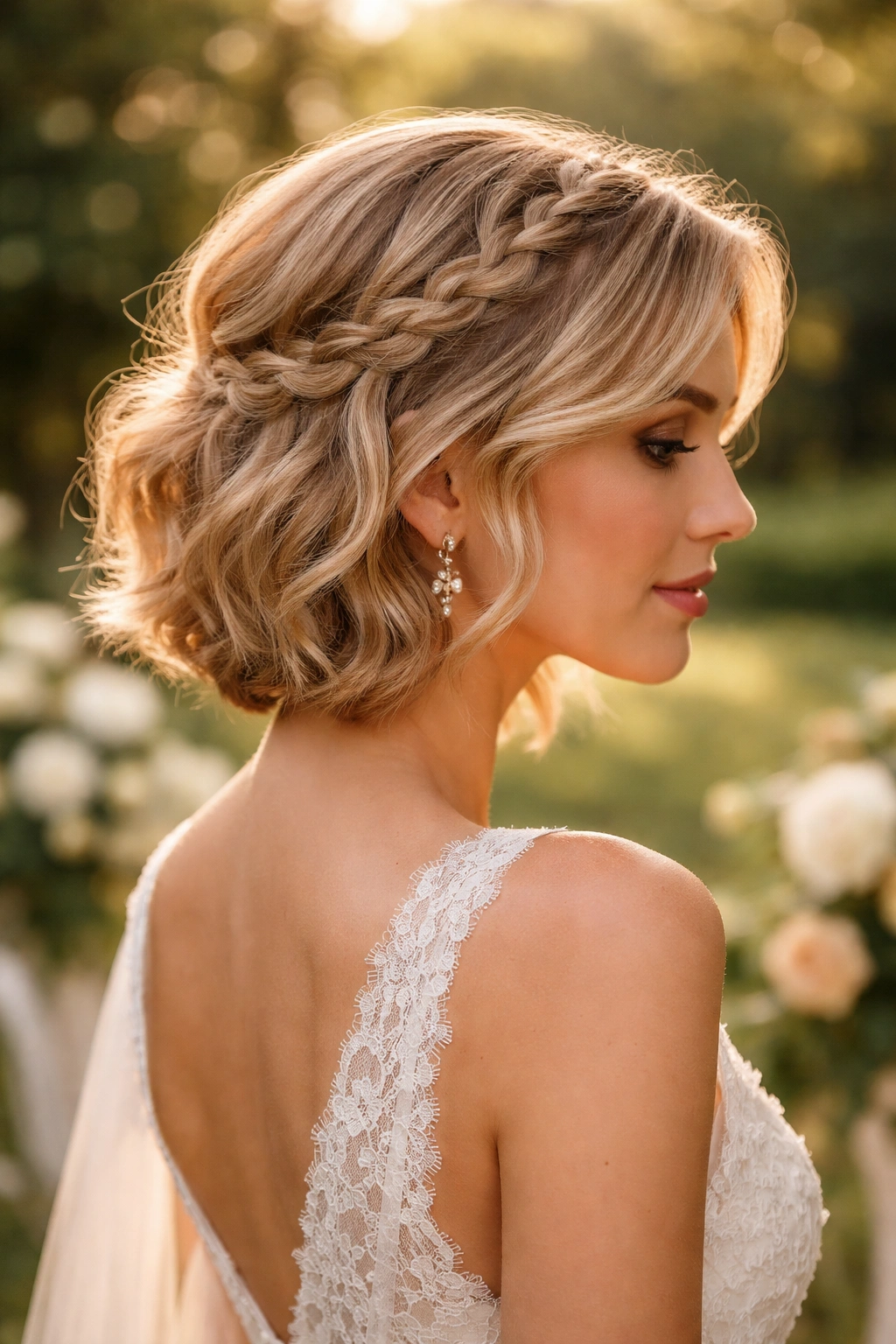 Side braid with loose waves in outdoor garden setting