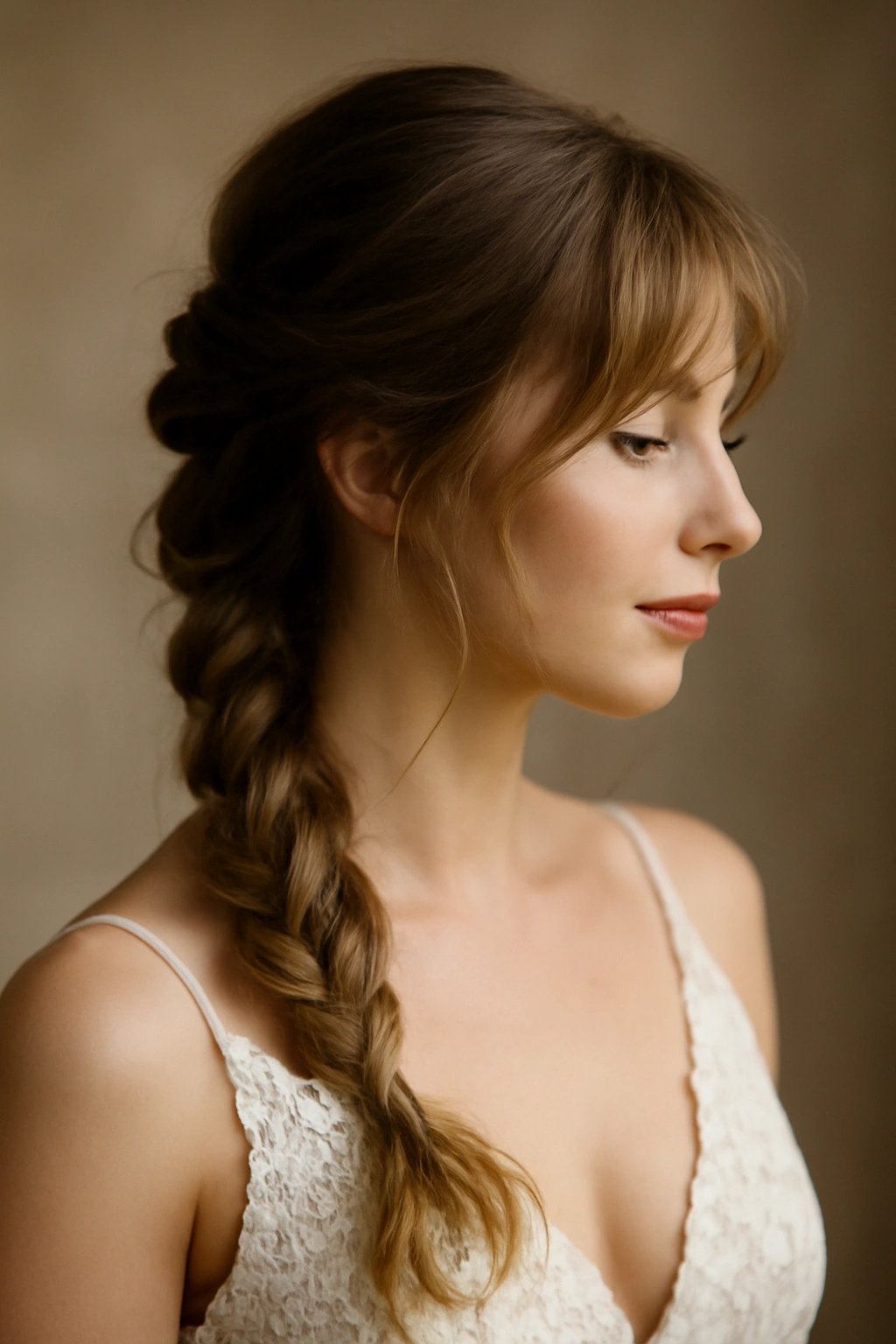 10 Wedding Hairstyles That Look Gorgeous With Bangs 10 Bride with romantic side braid and wispy bangs