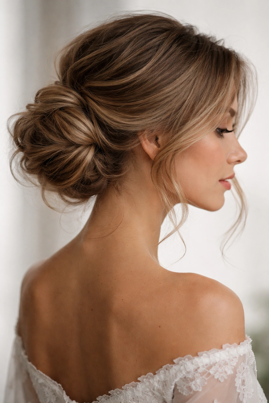 Side view of textured undone bun with face-framing strands