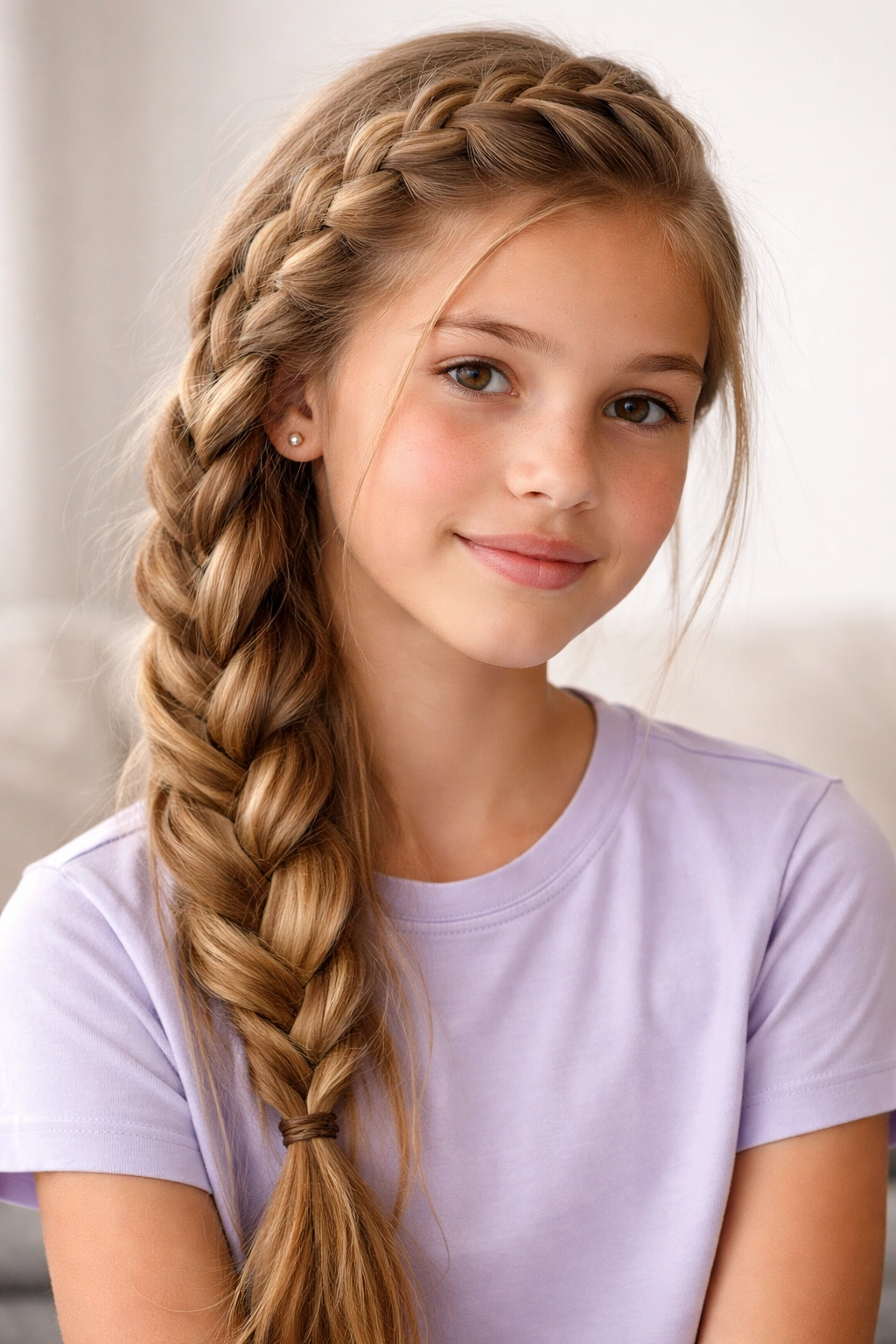 Diagonal Dutch braid starting at hairline sweeping to side.