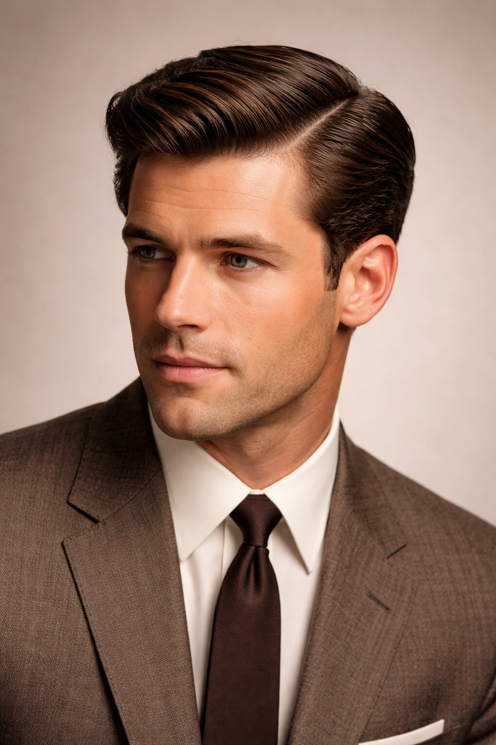 Close-up portrait of a man with a classic side part and neatly combed hair