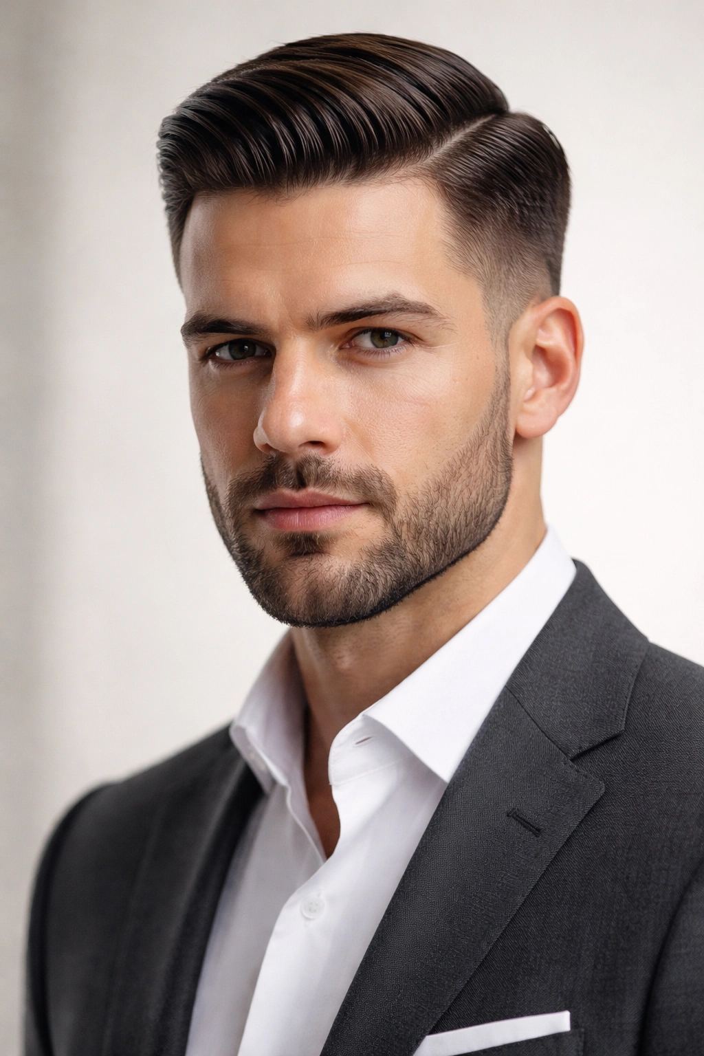 Portrait of a man with a slicked side part and short boxed beard
