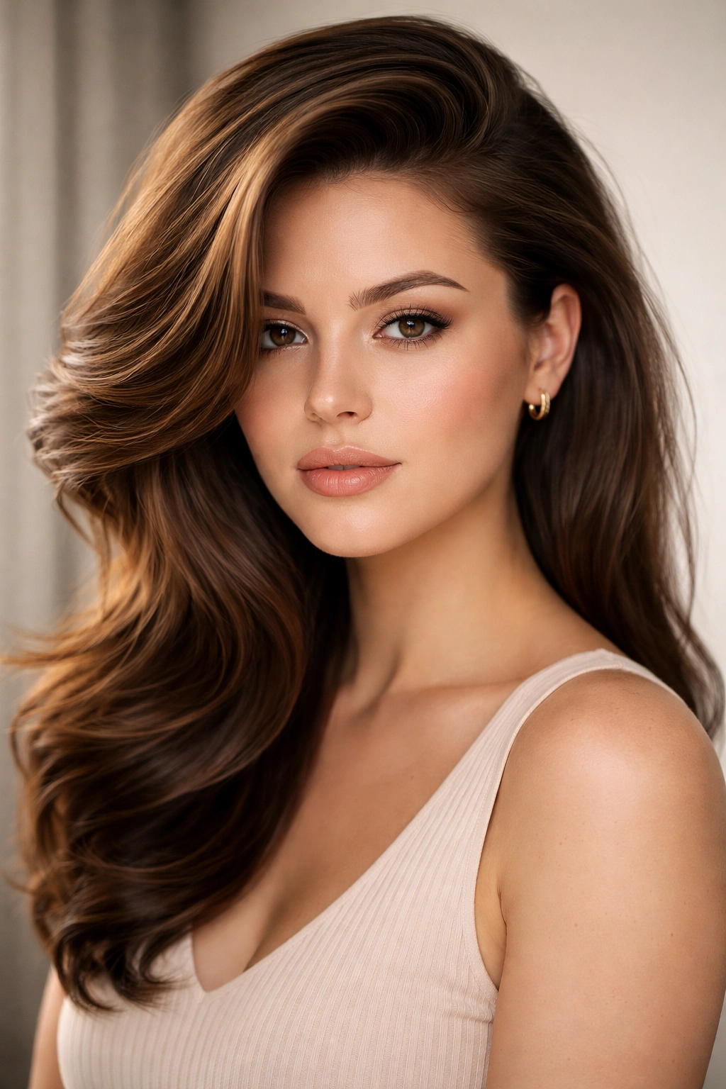 15 Hairstyles That Beautifully Flatter Round Faces 7 Portrait of a model with deep side part and dramatic blowout, showing sleek volume.