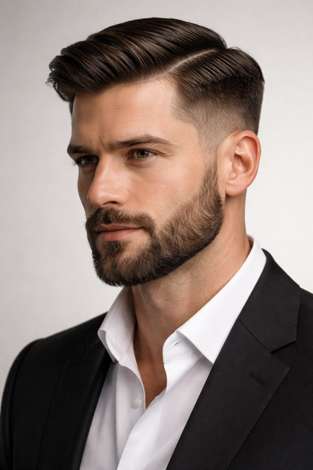 Portrait with side part and medium boxed beard showing refined look