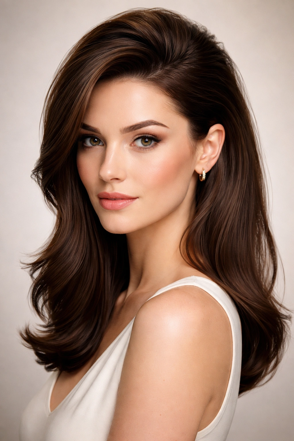 Portrait of sleek side-parted hair with a voluminous crown in a studio