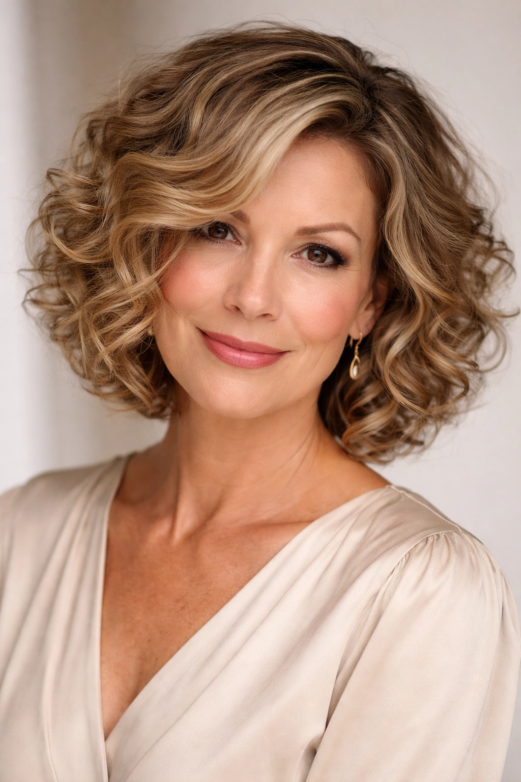 Side-parted curly bob with layered curls framing the face