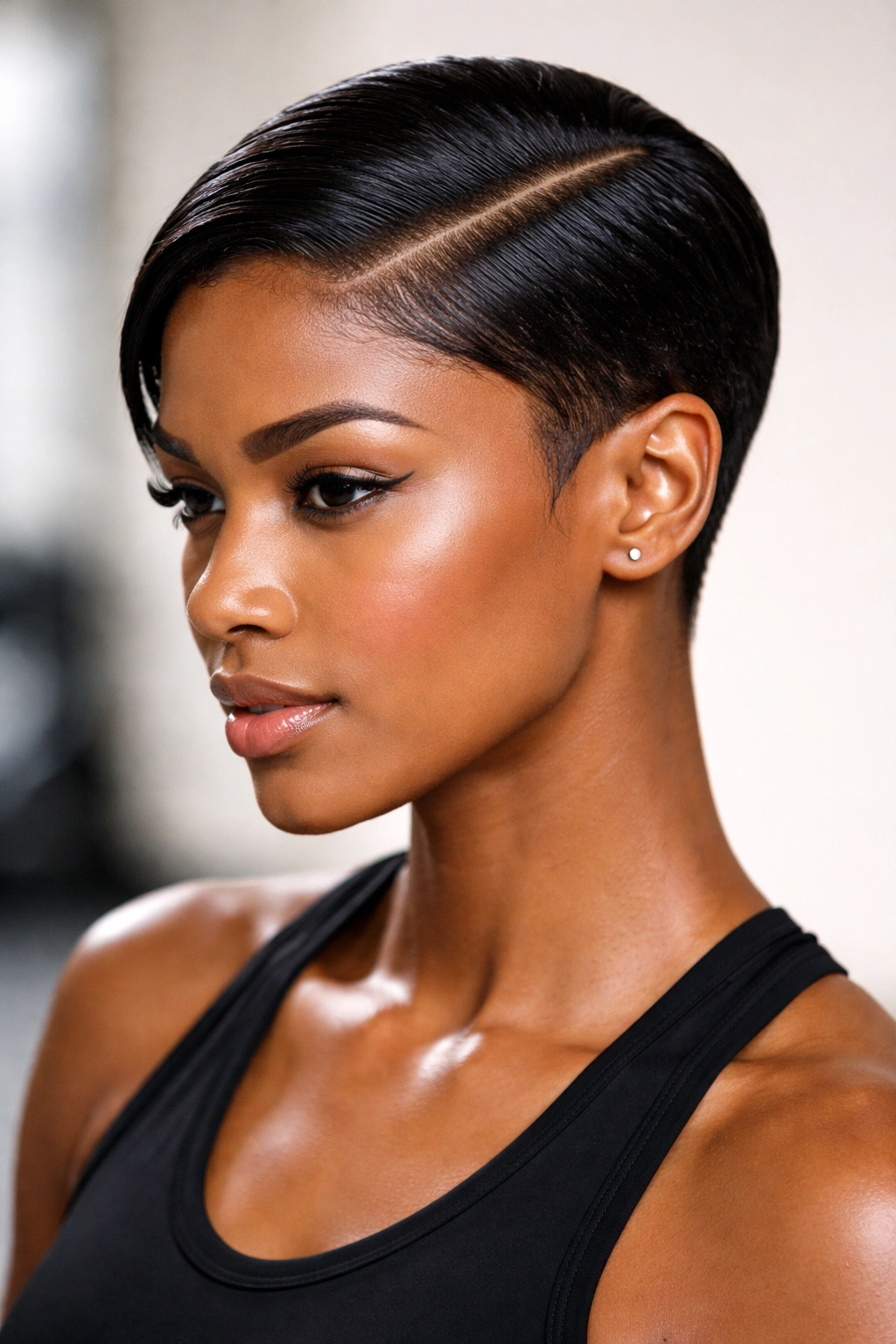 Close-up of a sleek side-part haircut with a crisp edge line.