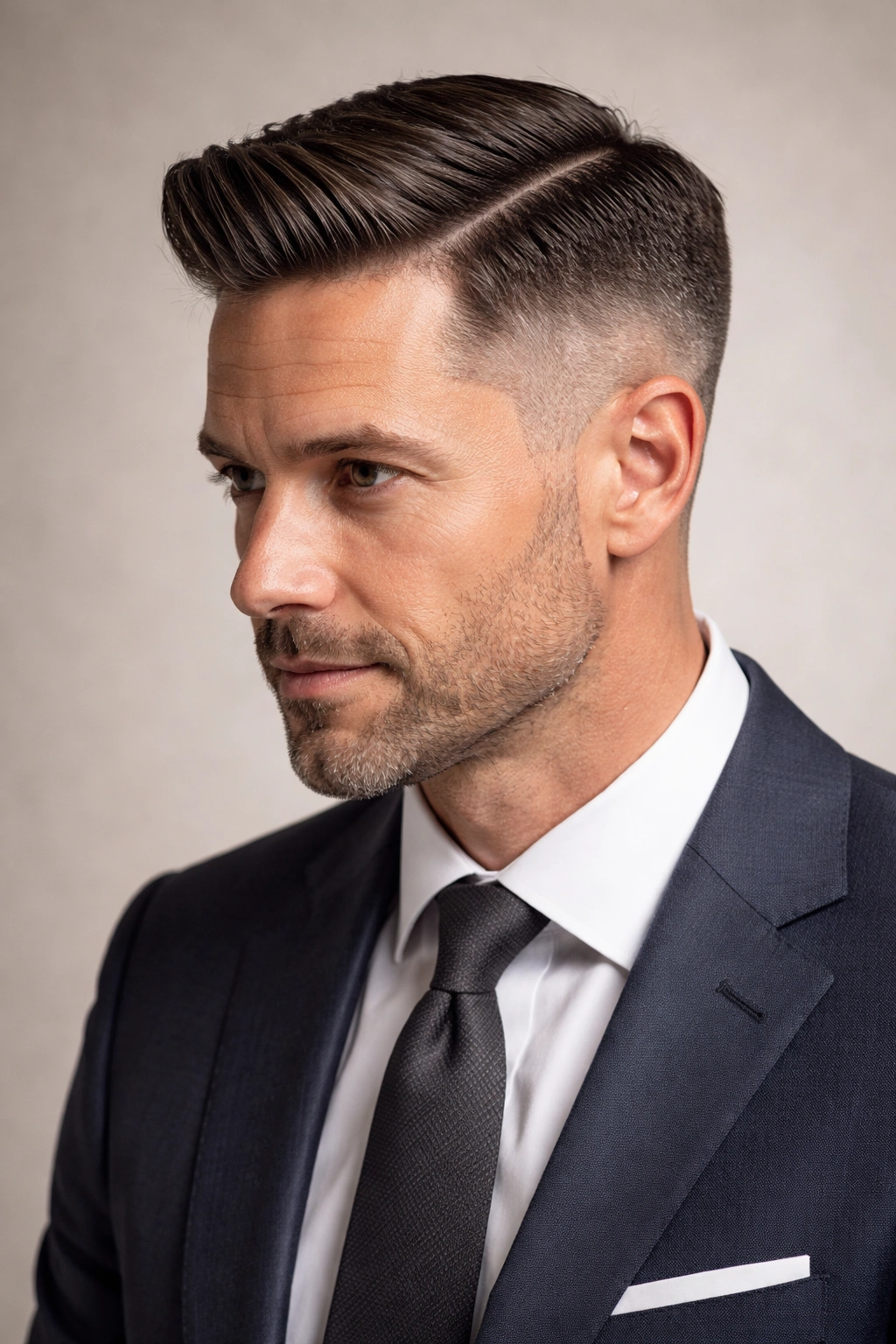 Portrait of a man with Side Part with Fade, defined part and fade, studio lighting.