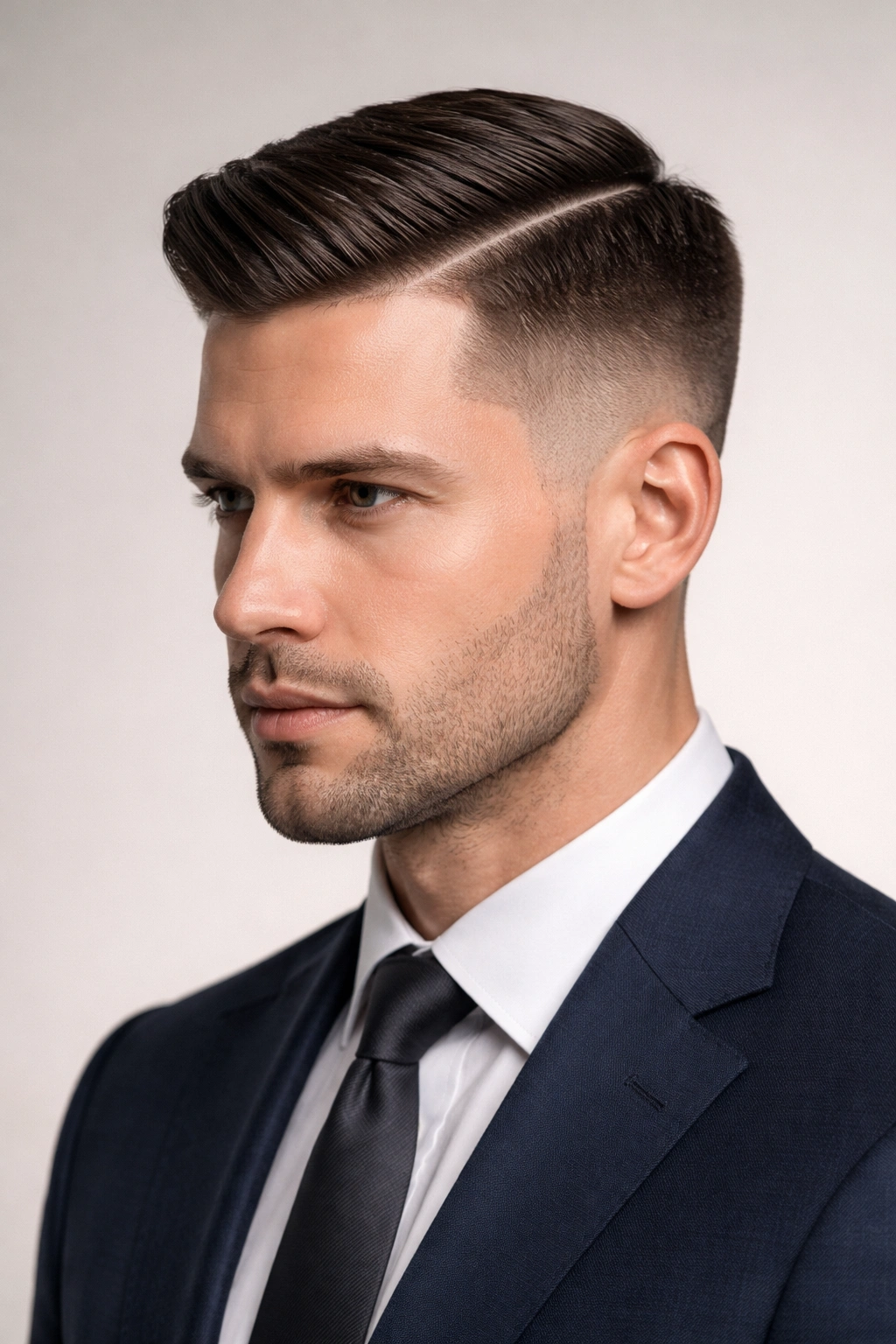 Portrait of a man with a defined side part and fade
