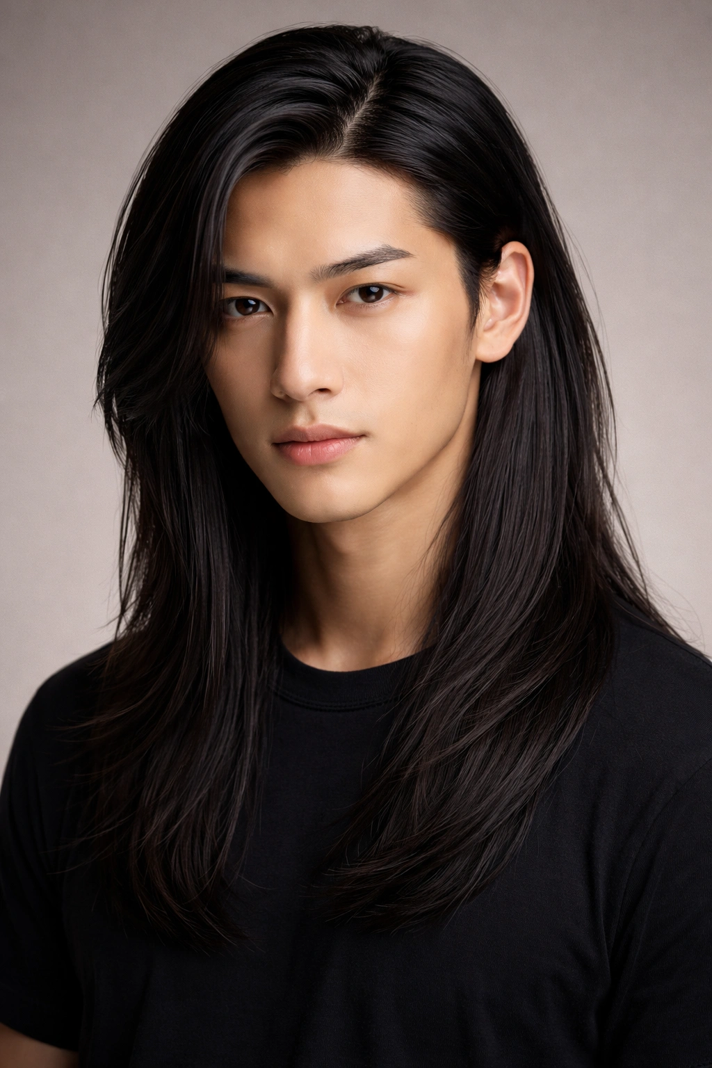 Long straight hair with a clean, defined side part