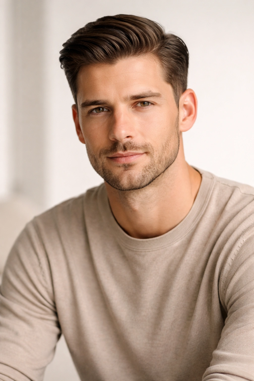 Confident man with classic side-part haircut in a clean studio
