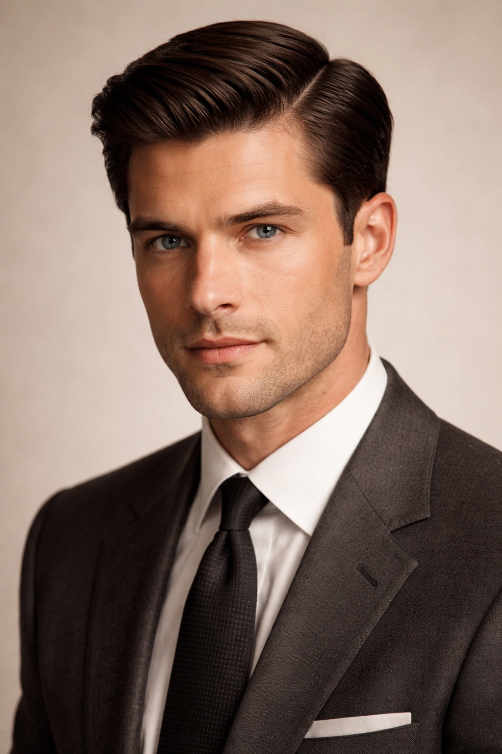 Portrait of a man with a defined side part and neatly combed hair