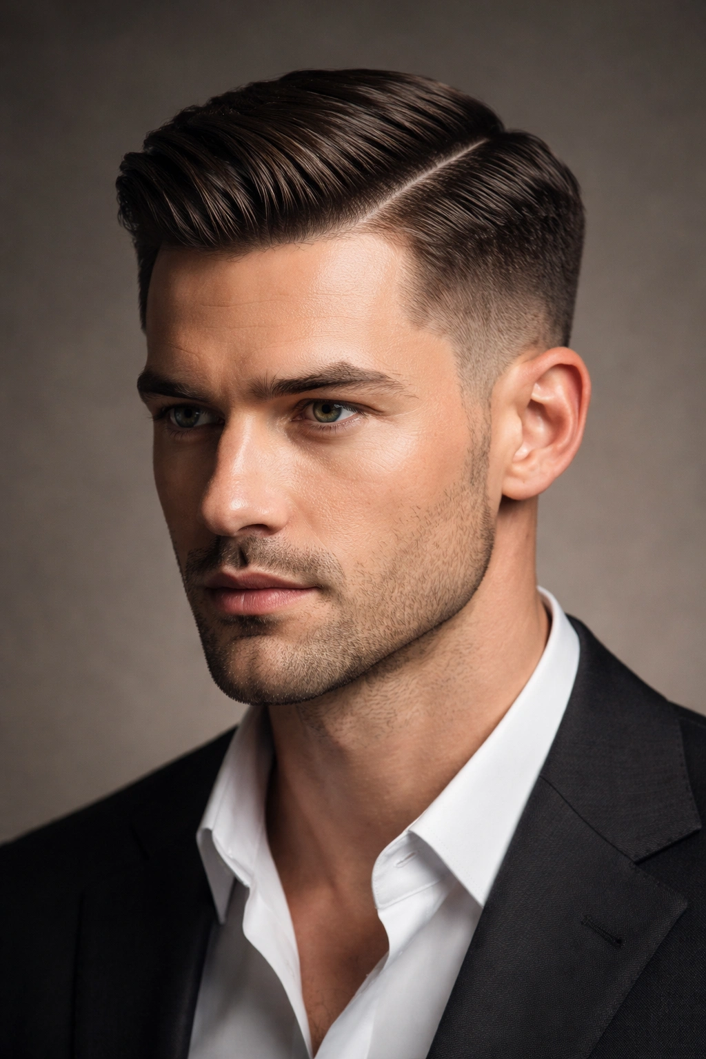 Classic side-part hairstyle with a distinct diagonal part.