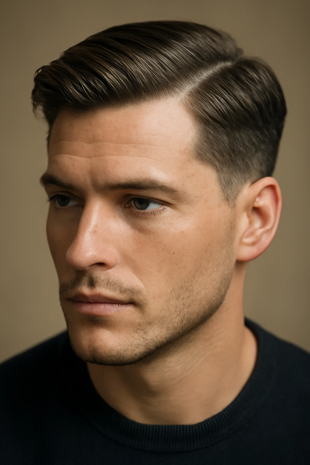 20 Men's Haircuts Matched to Face Shape and Hair Type 7 Close-up of a man with a classic side-part hairstyle, defined part and longer top swept to the side