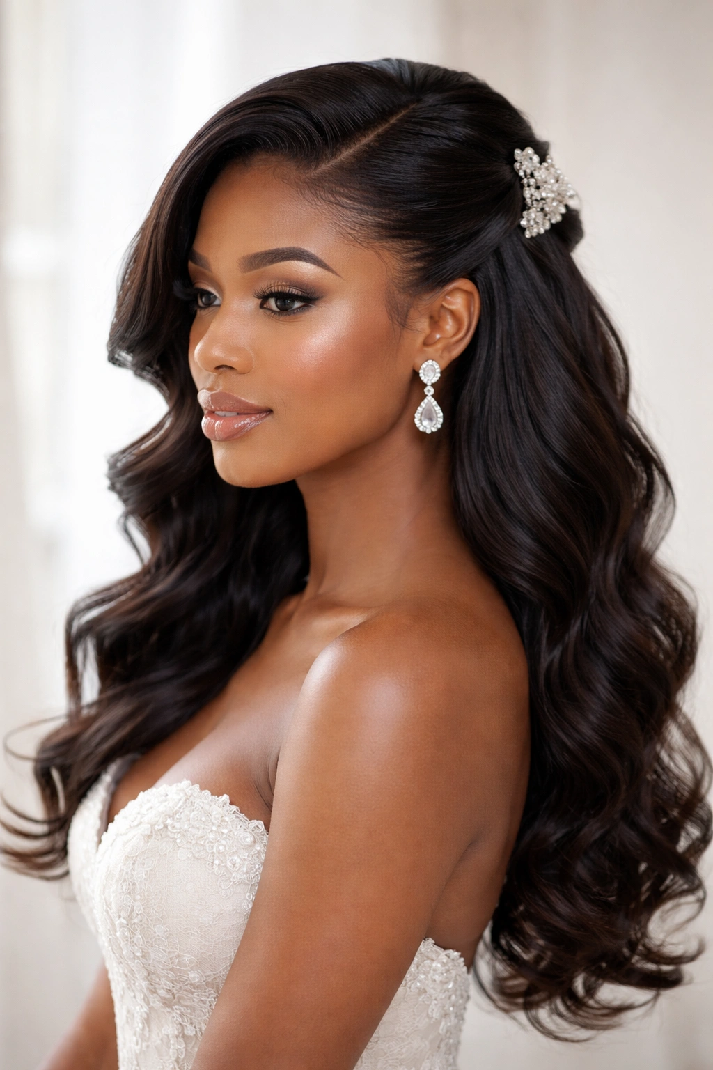 Side-part half-up half-down bridal hairstyle