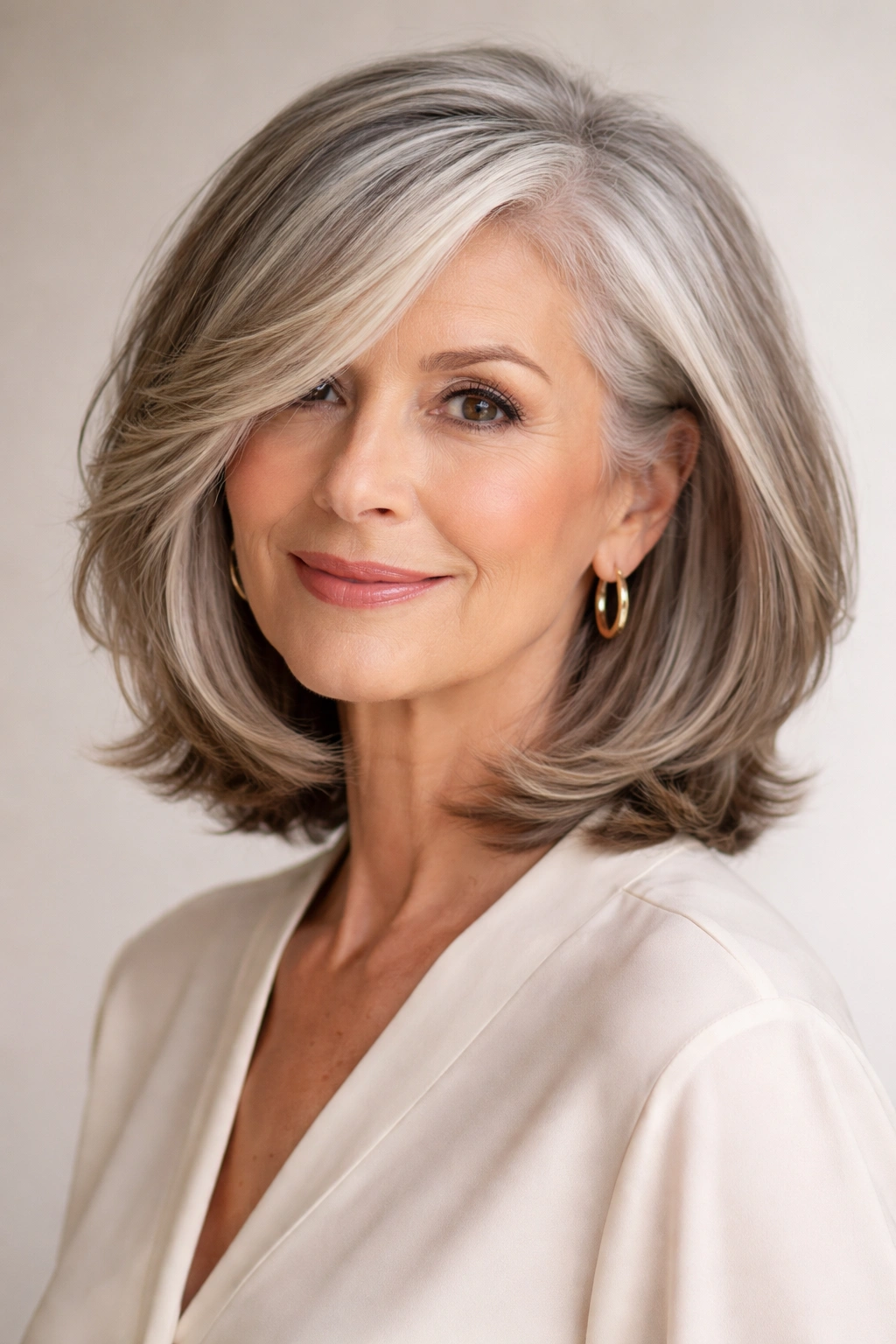 Profile of side-parted lob showing deep side part on collarbone-length hair