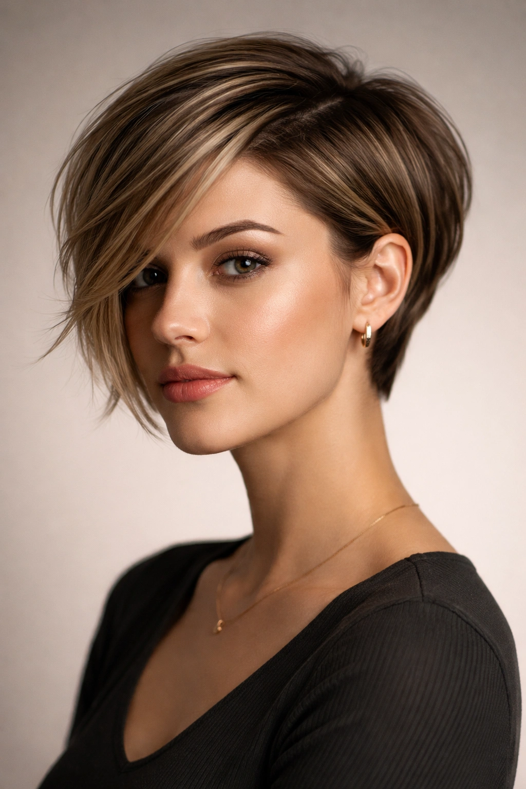 Side-part pixie-bob with longer front swept to the side