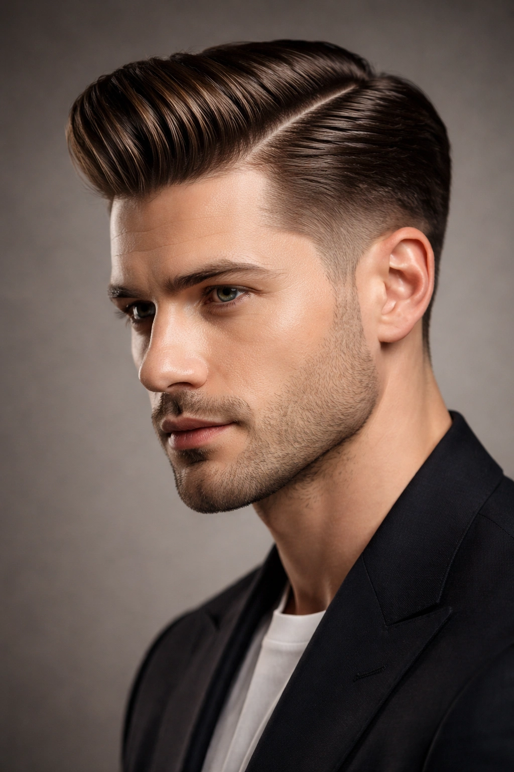 Portrait of side part pompadour with sharp part line and swept volume