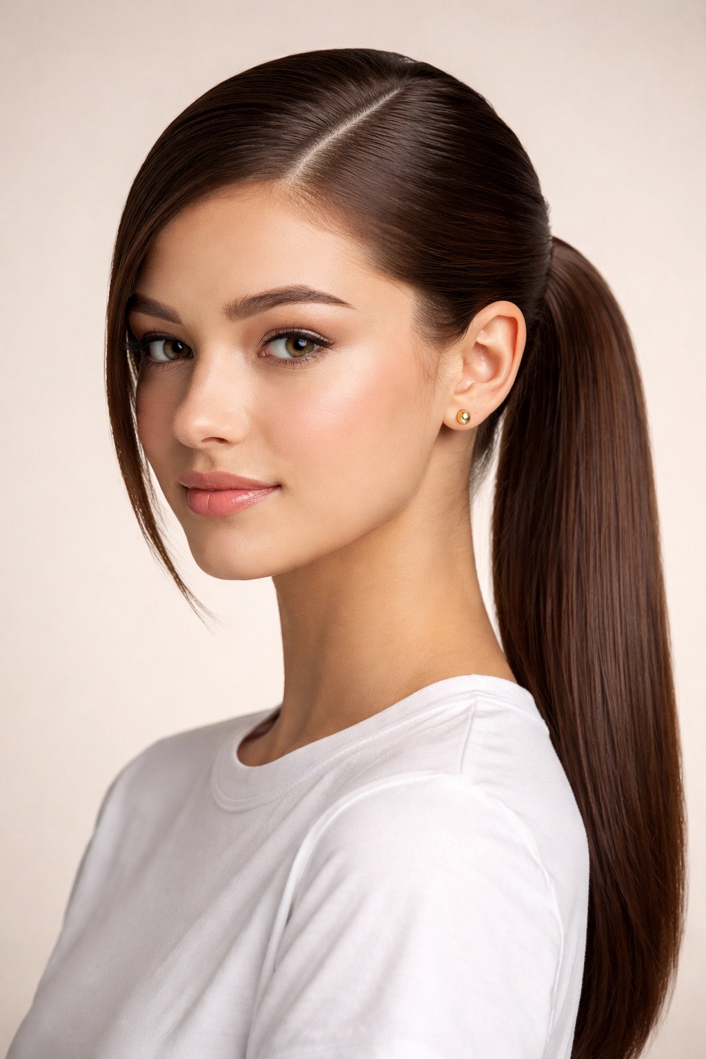 Profile view of a sleek side-part ponytail with deep part and tucked ponytail behind the ear.