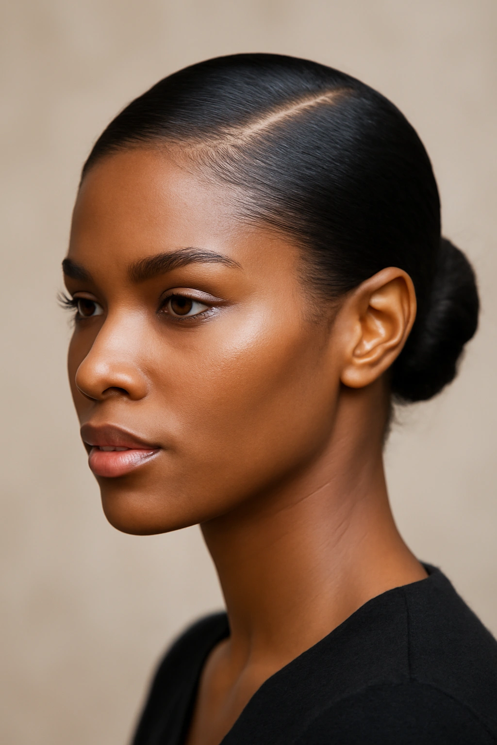 10 Pushback Hairstyles Black Women Can't Stop Wearing 6 Close-up portrait of a Black woman with a deep side part and pull-back hairstyle.
