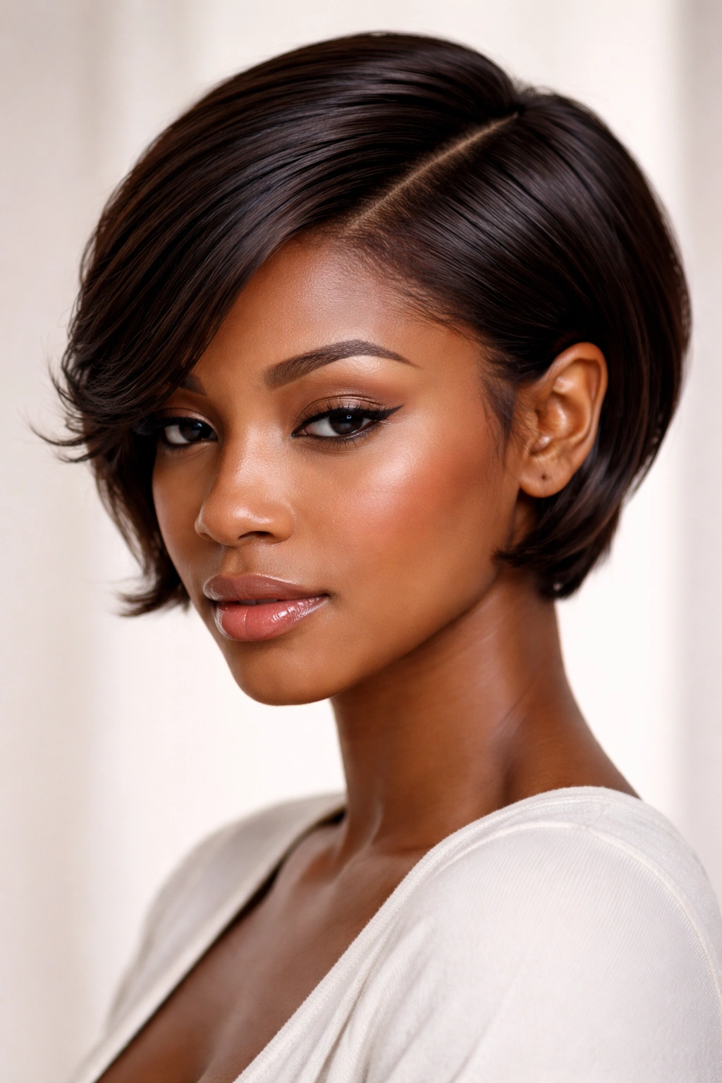 Close-up of a short haircut with a defined side part and polished texture