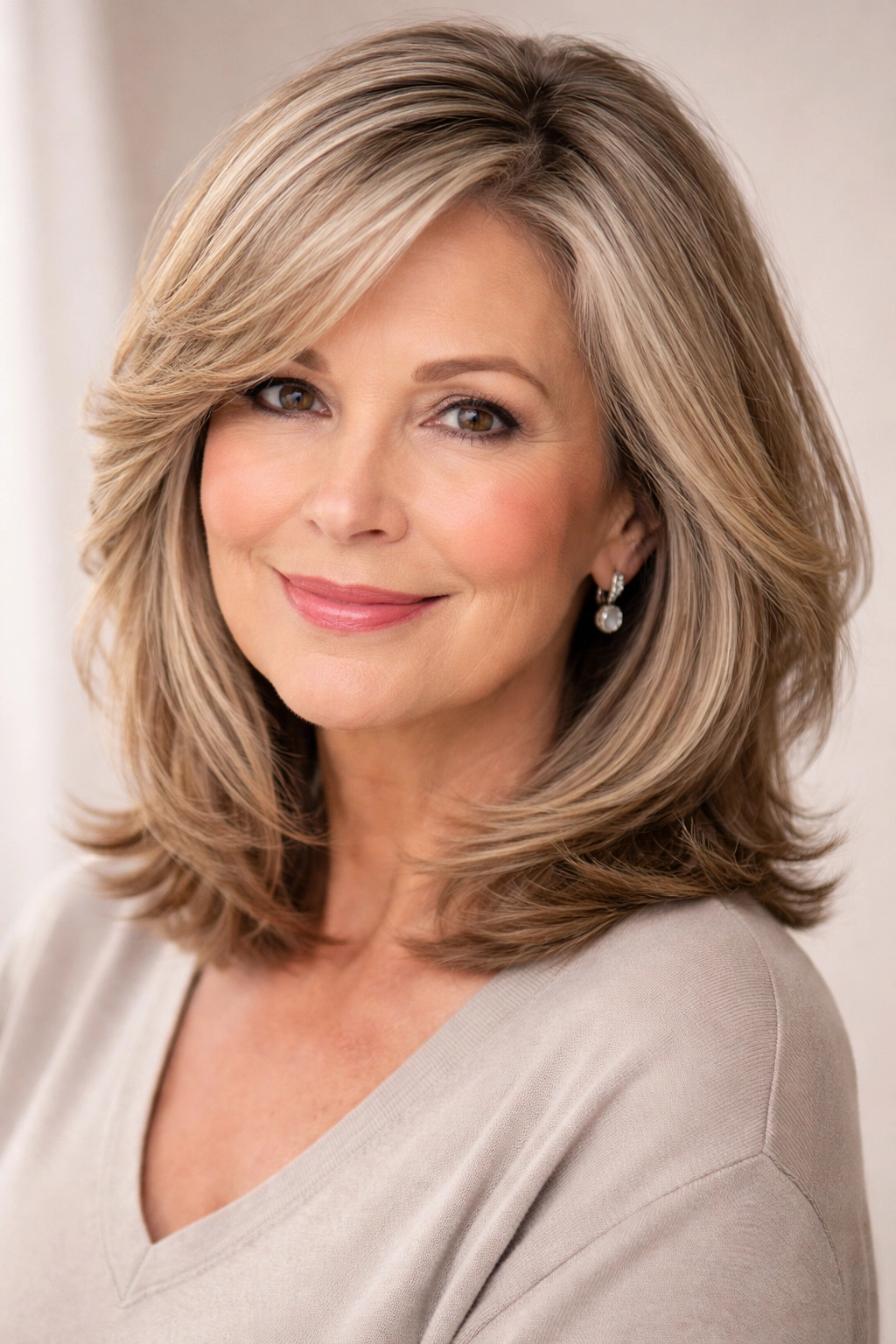 Portrait of a woman with side-parted shoulder-length layered hair