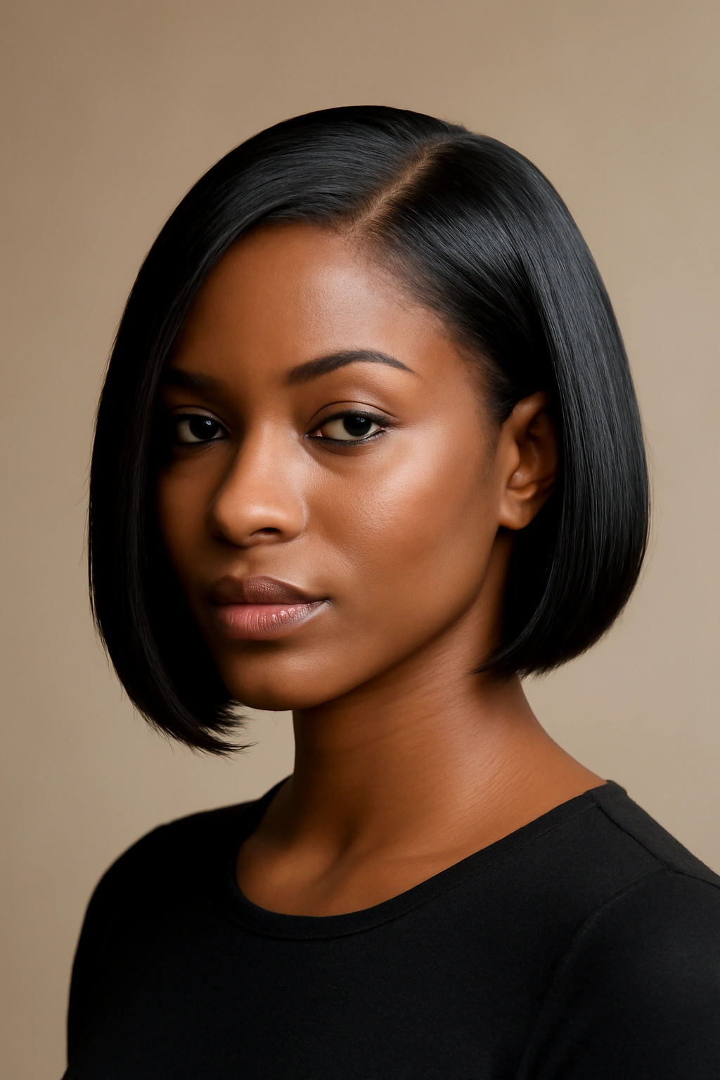 12 Bob Haircuts for Black Women Worth Bookmarking 6 Portrait of a Black woman with a side-part sleek bob and deep side part.